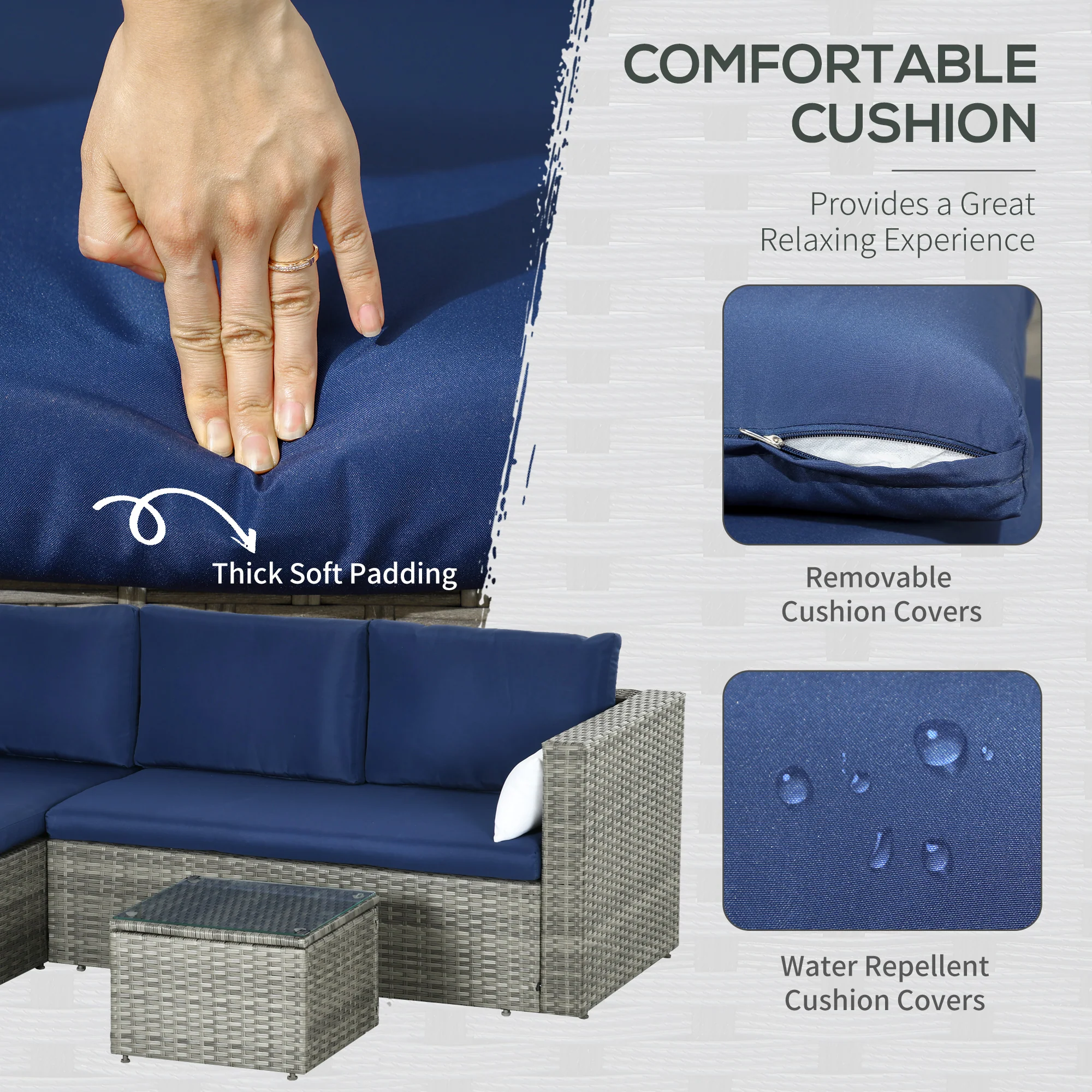 3-Piece Modern Rattan Sofa Set with Coffee Table and Pillows, Navy Blue - Image 7