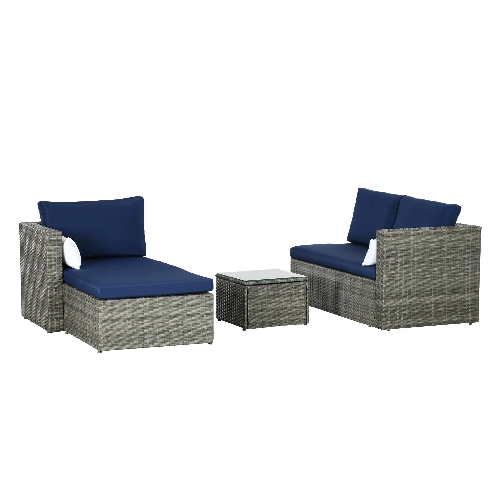 3-Piece Modern Rattan Sofa Set with Coffee Table and Pillows, Navy Blue - Image 9