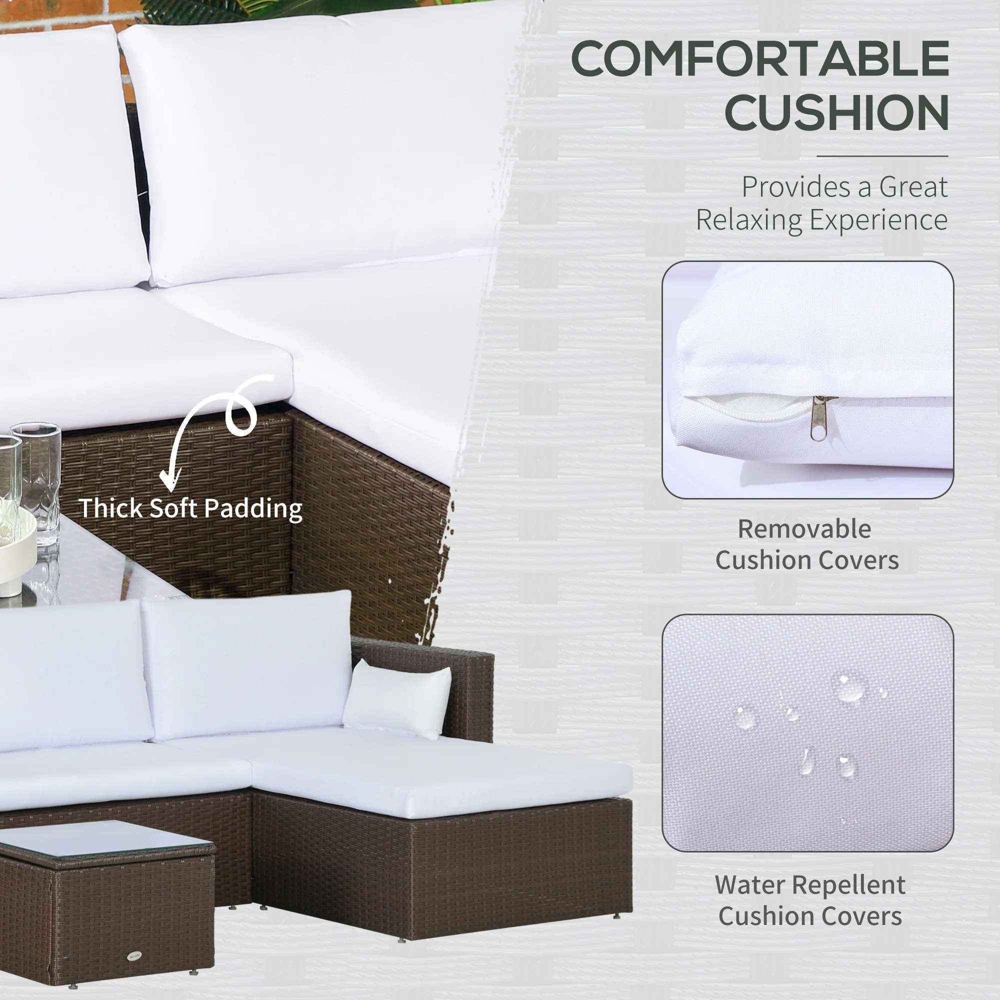 3-Piece Modern Rattan Sofa Set with Coffee Table and Cushions, White - Image 7