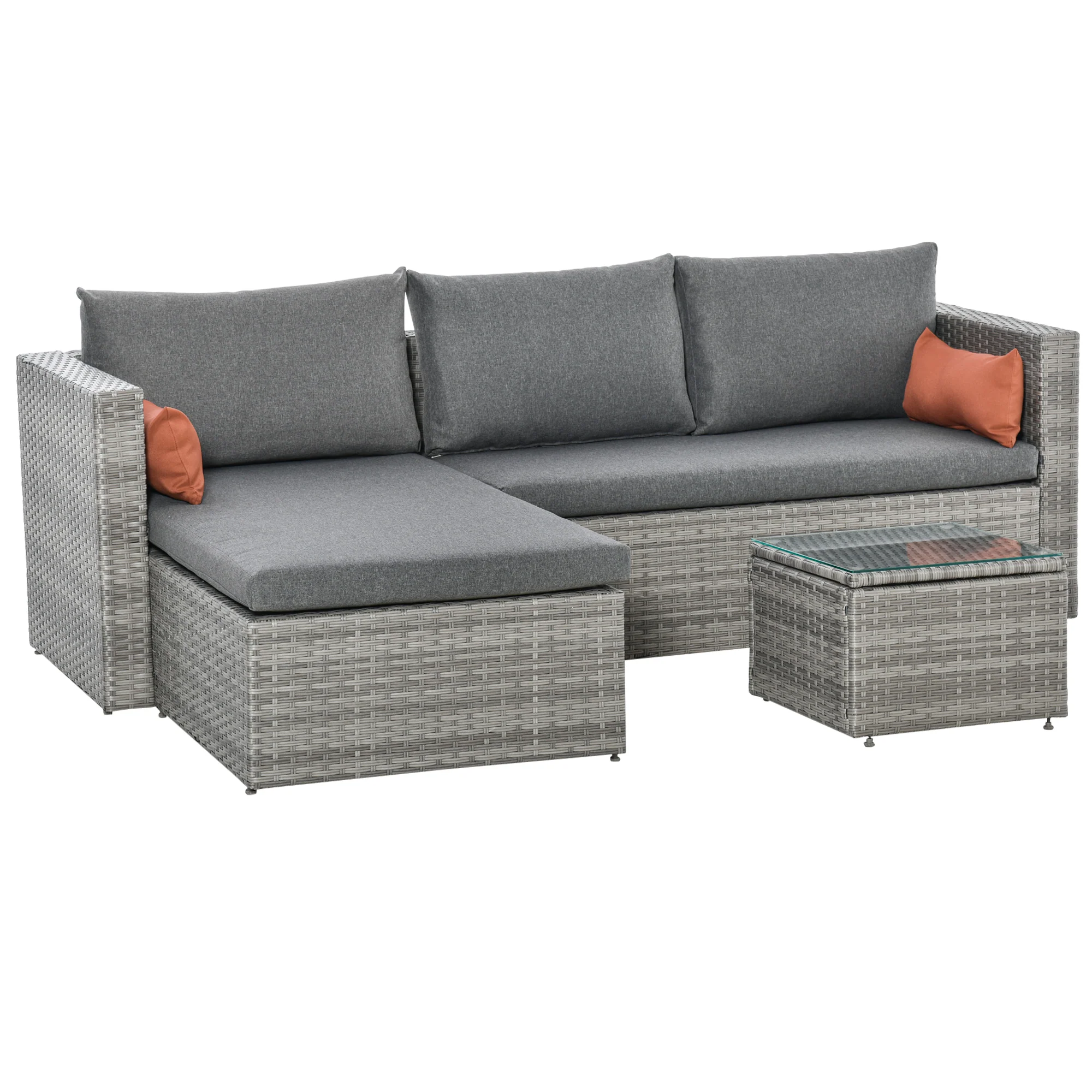 3-piece Modern Rattan Sofa Set with Coffee Table and Cushions, Grey - Image 12