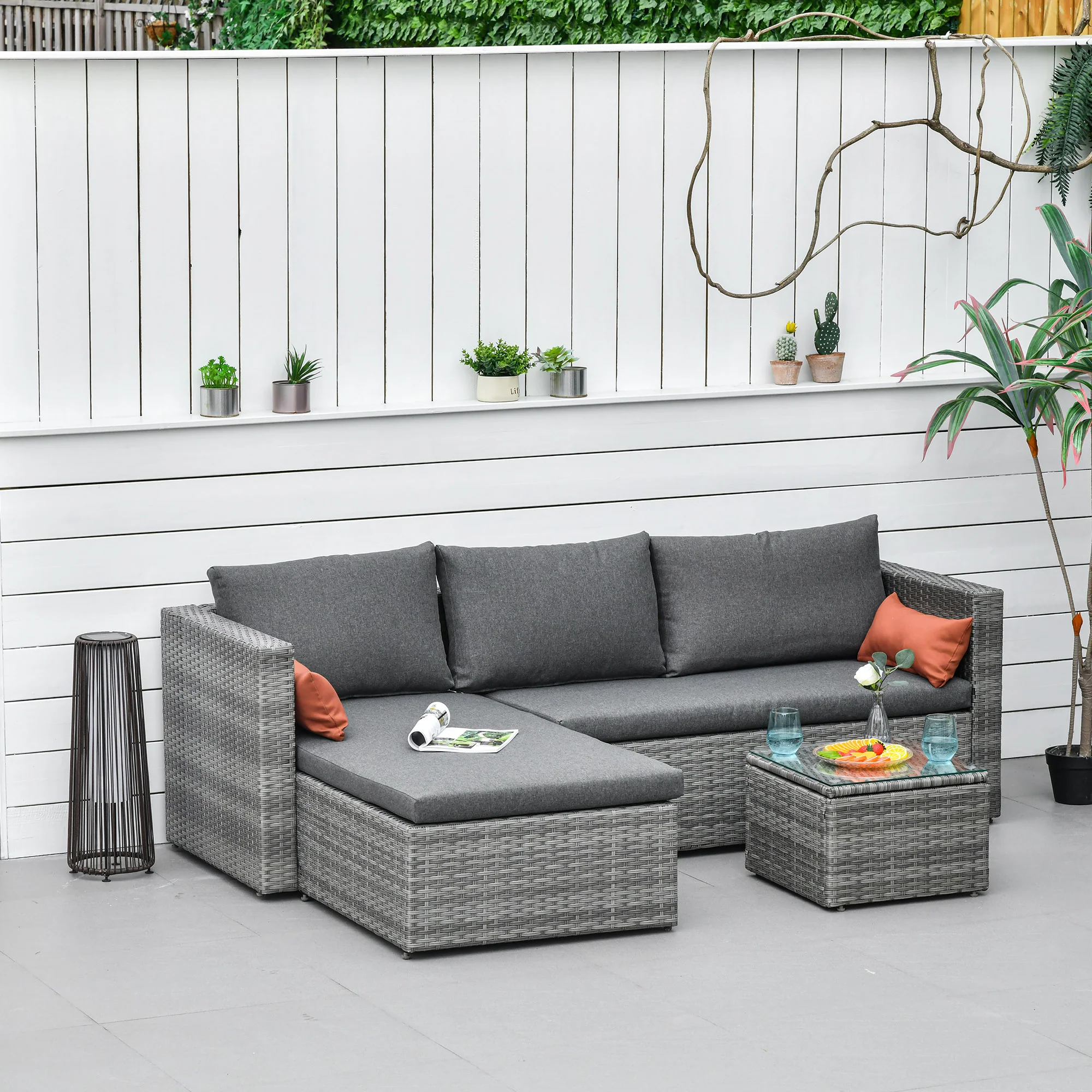 3-piece Modern Rattan Sofa Set with Coffee Table and Cushions, Grey - Image 4