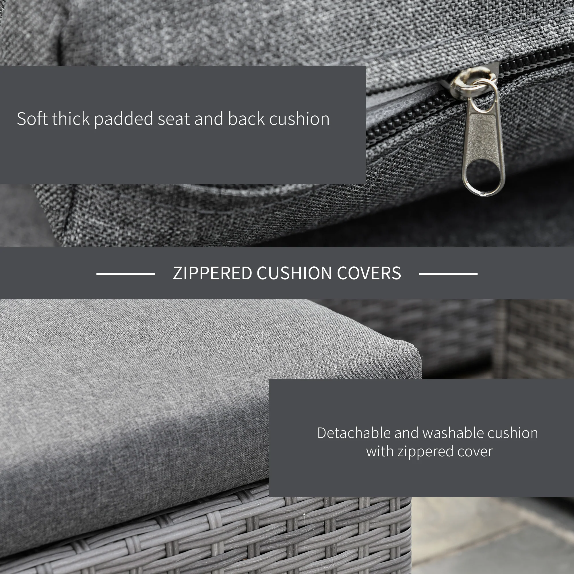 3-piece Modern Rattan Sofa Set with Coffee Table and Cushions, Grey - Image 7