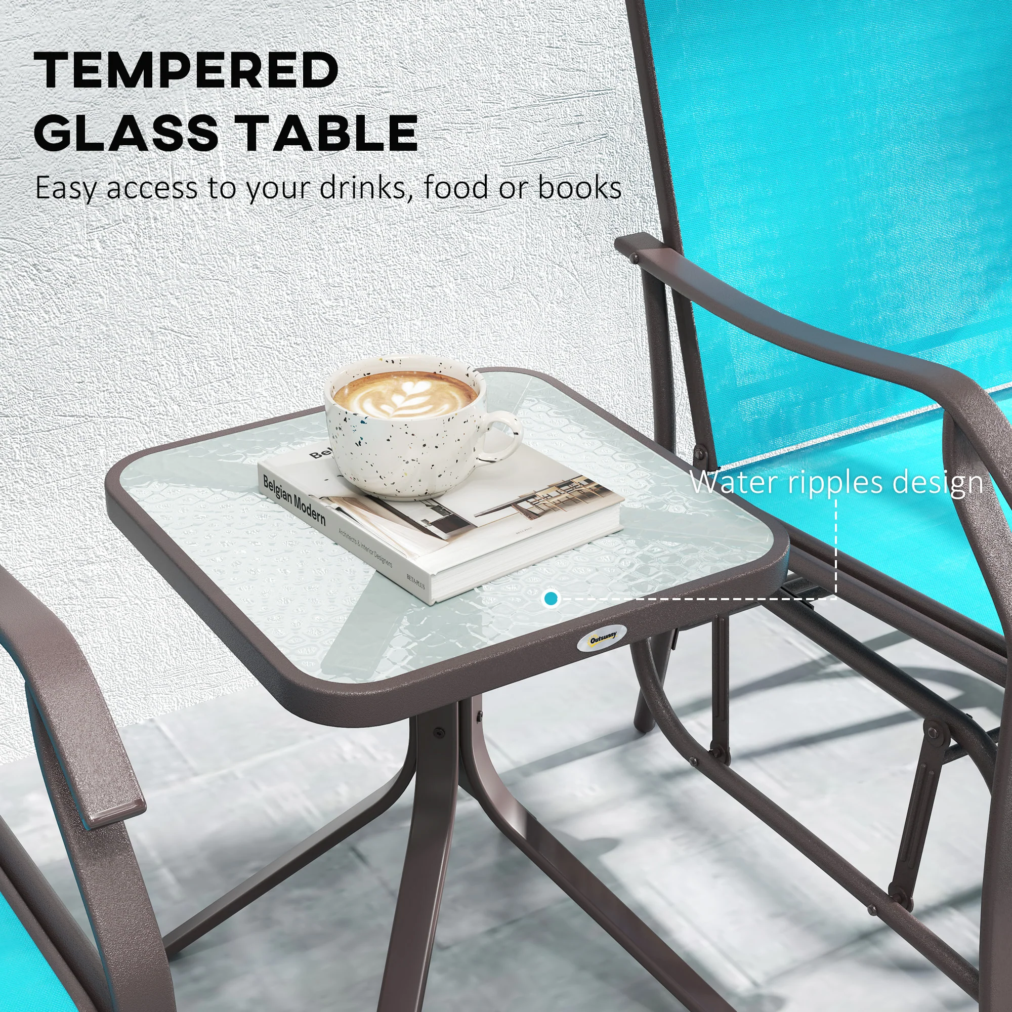 3 Piece Patio Glider Set with Breathable Mesh Seat & Glass Top Table, Blue - Image 10