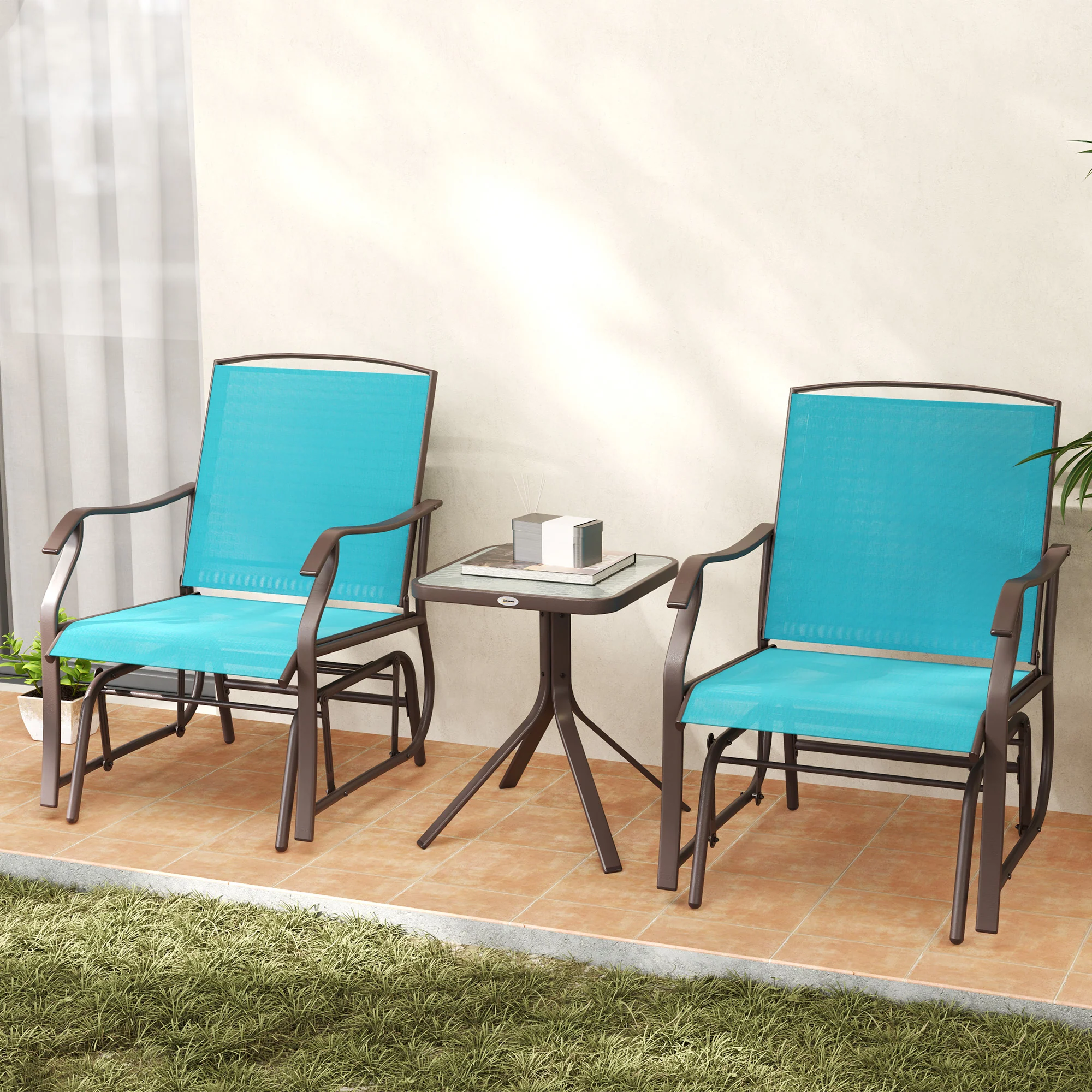 3 Piece Patio Glider Set with Breathable Mesh Seat & Glass Top Table, Blue - Image 11