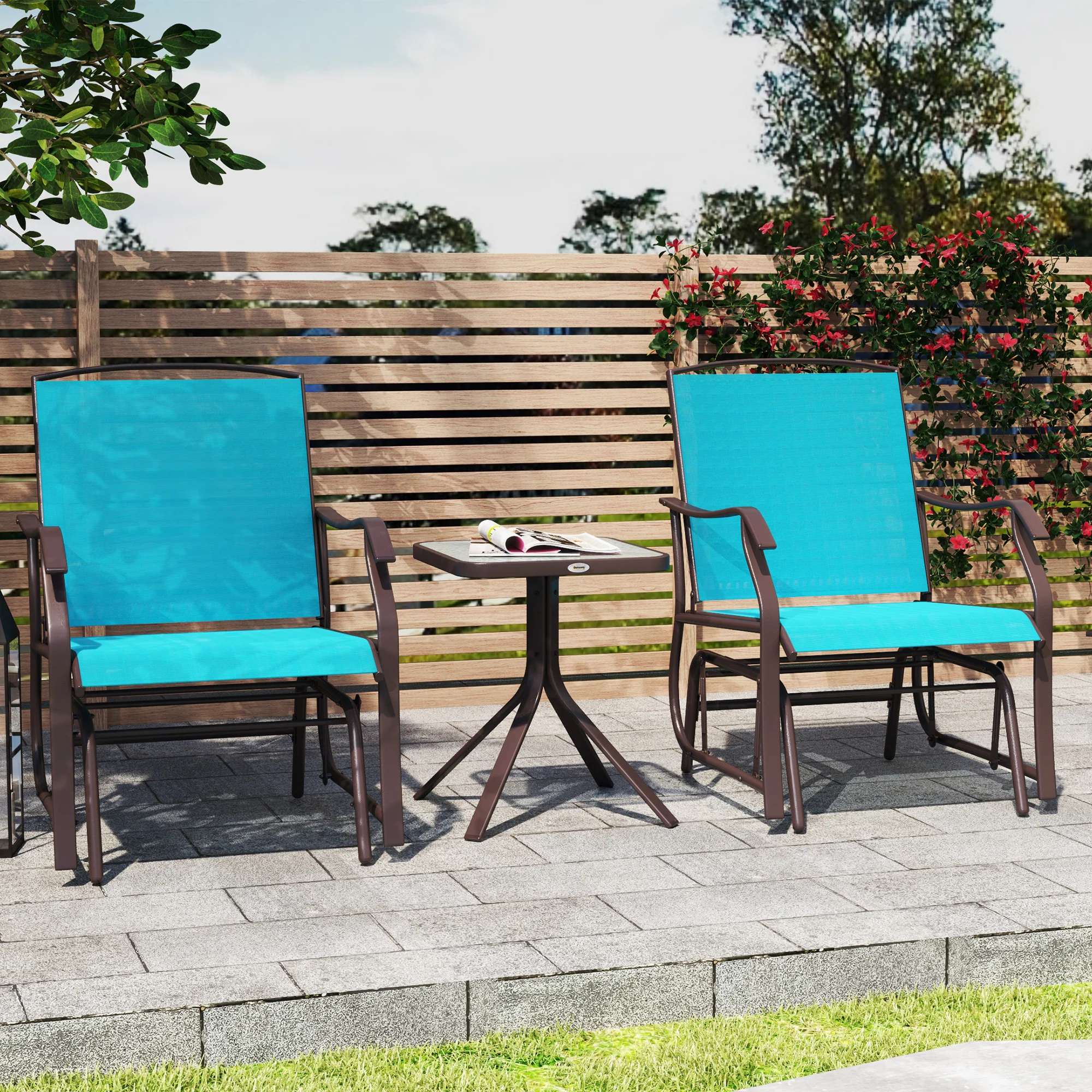 3 Piece Patio Glider Set with Breathable Mesh Seat & Glass Top Table, Blue - Image 4