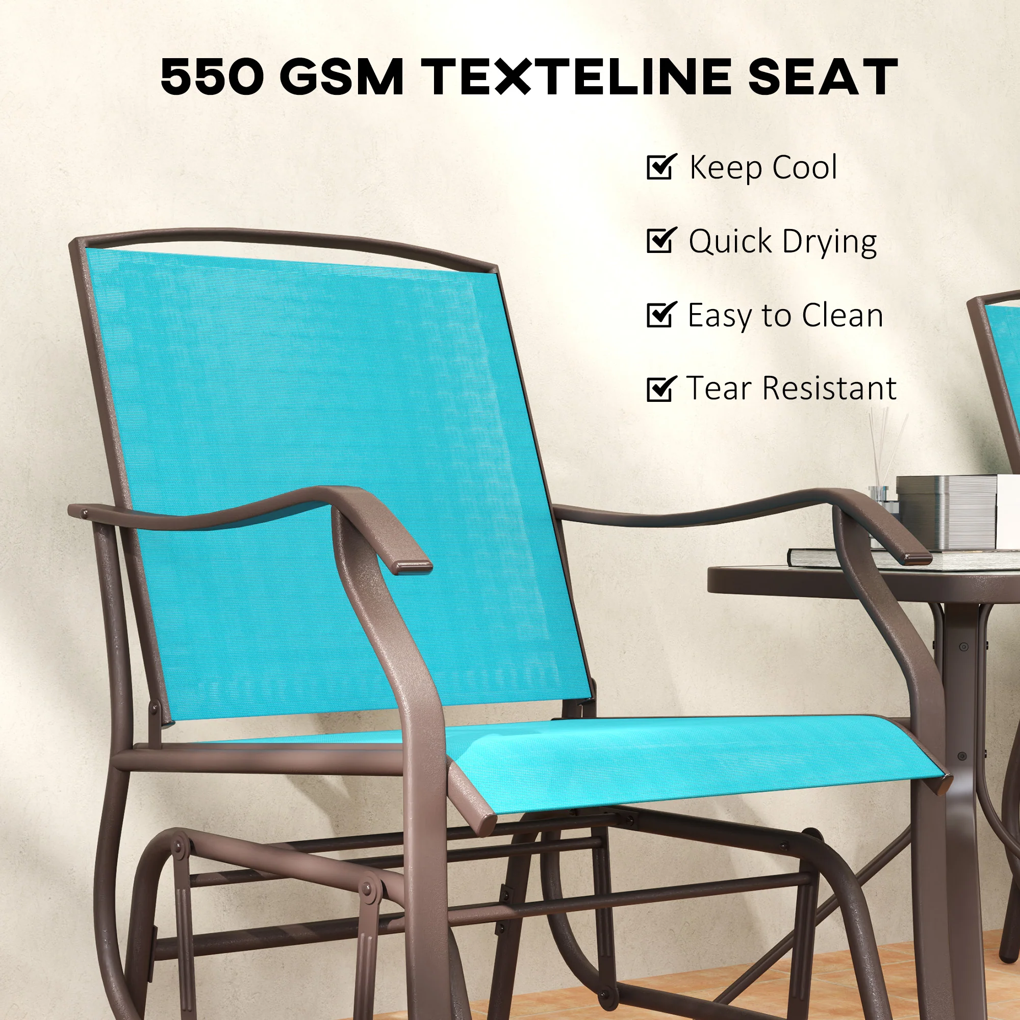 3 Piece Patio Glider Set with Breathable Mesh Seat & Glass Top Table, Blue - Image 7