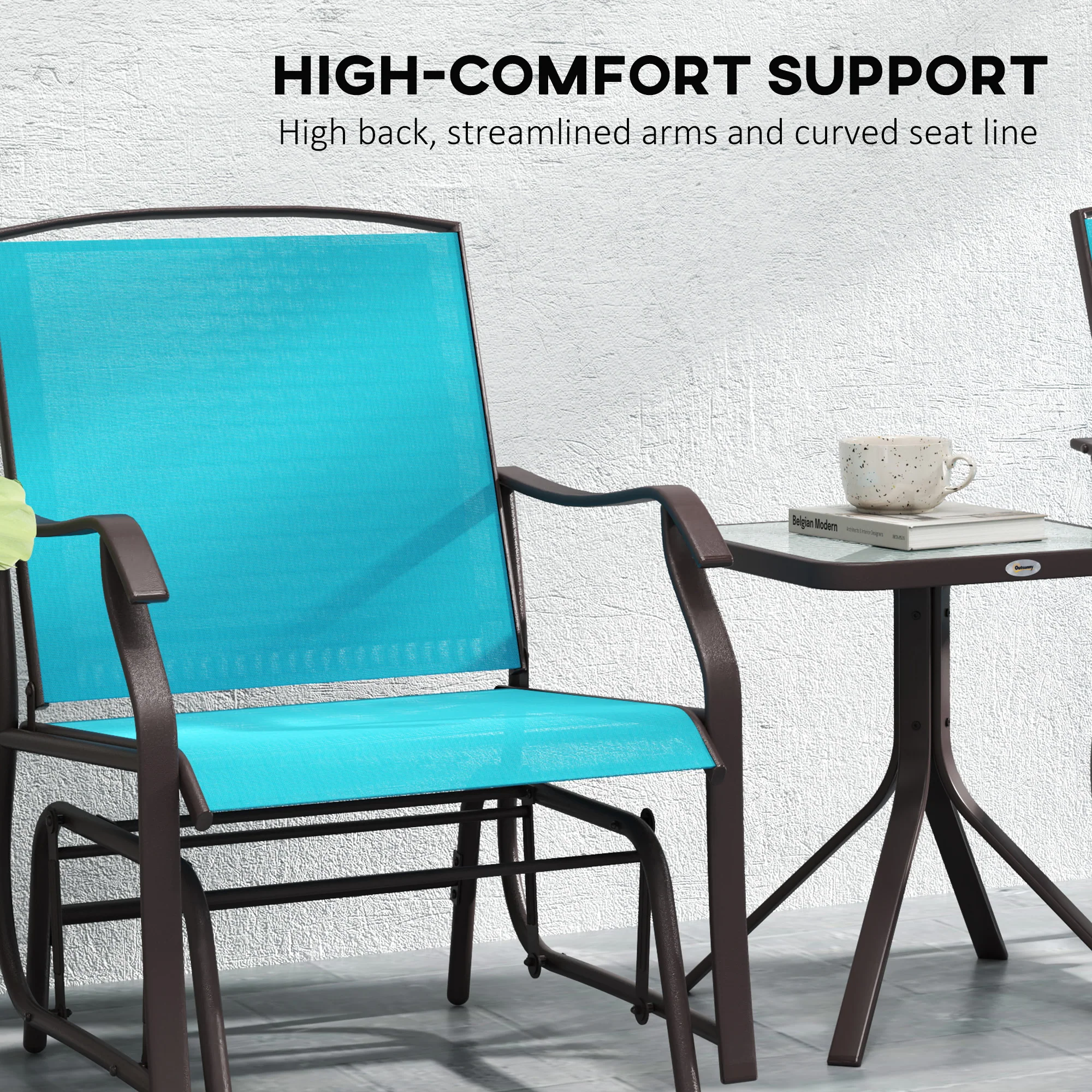 3 Piece Patio Glider Set with Breathable Mesh Seat & Glass Top Table, Blue - Image 9