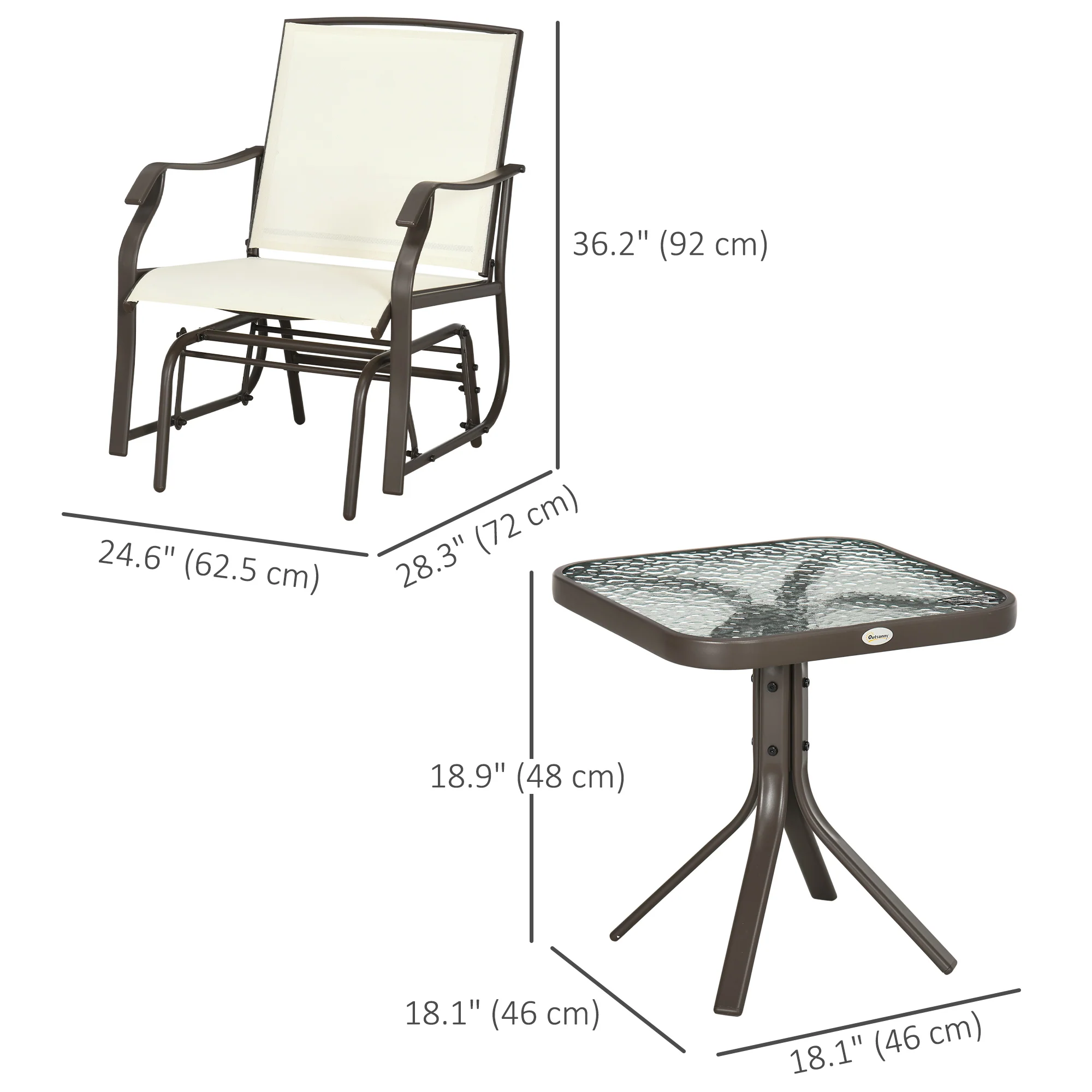 3 Piece Patio Glider Set with Breathable Mesh Seat & Glass Top Table, Cream White - Image 5