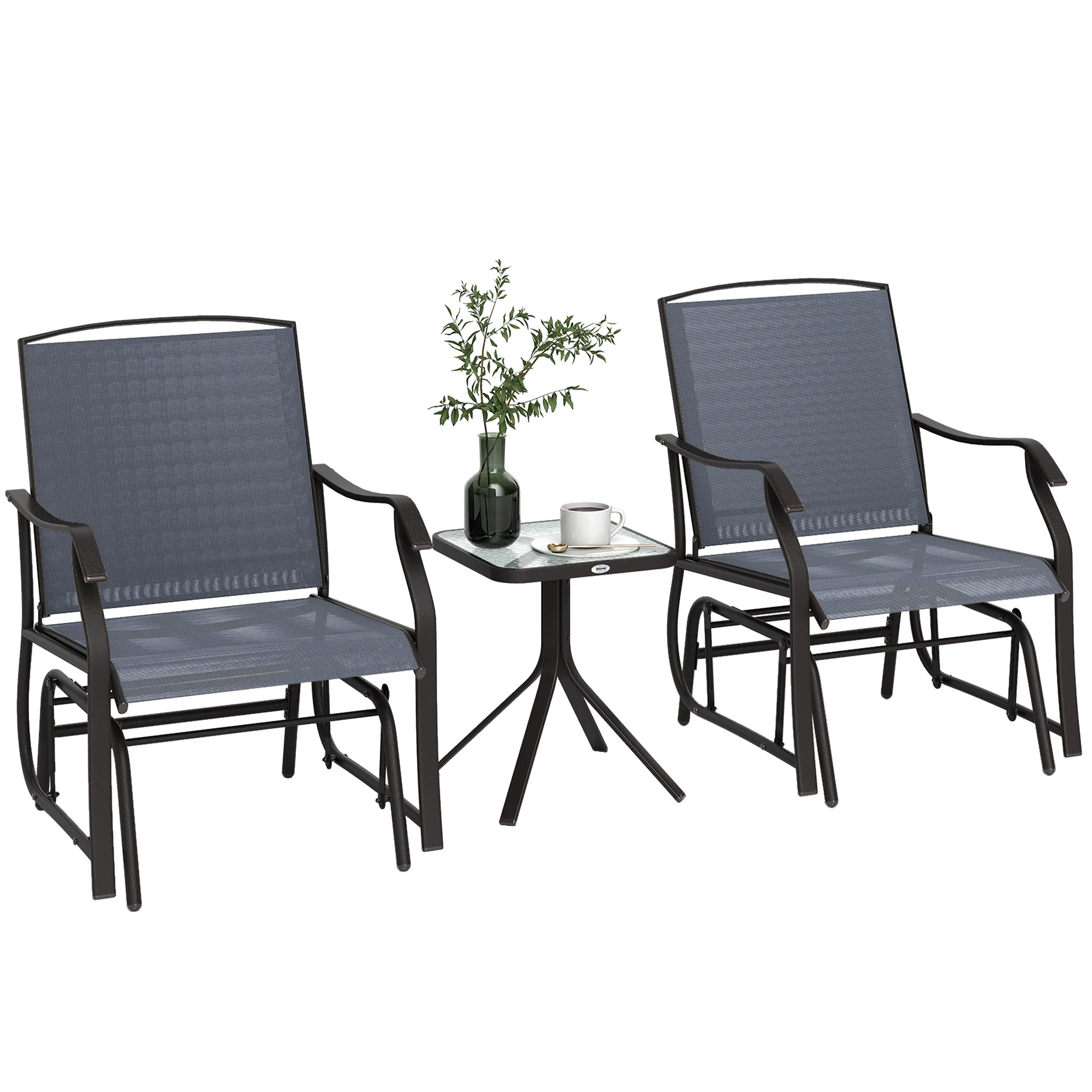 3 Piece Patio Glider Set with Breathable Mesh Seat & Glass Top Table, Grey
