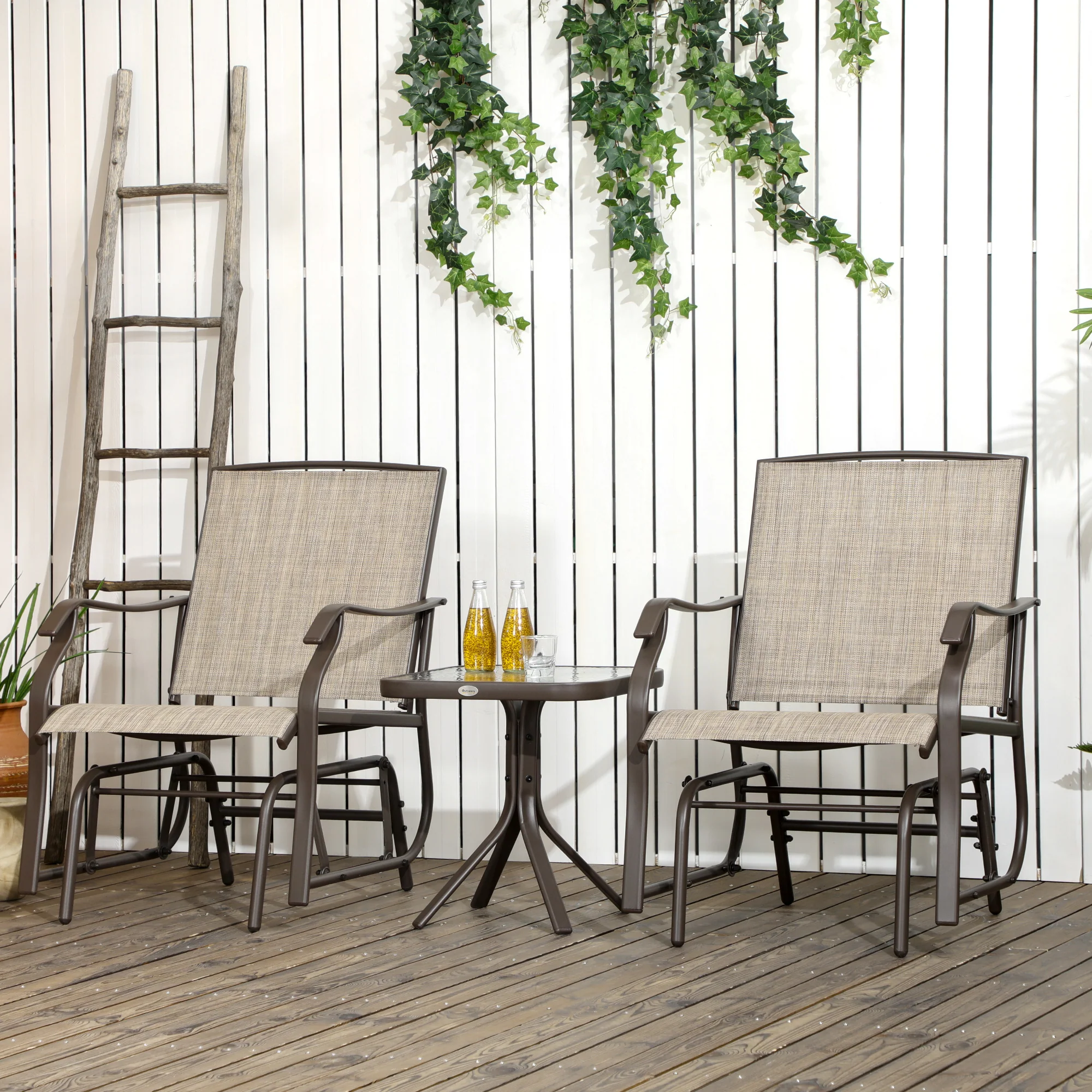 3 Piece Patio Glider Set with Breathable Mesh Seat & Glass Top Table, Mixed Brown - Image 3