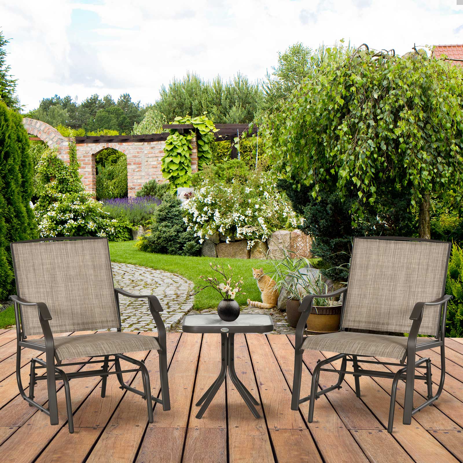 3 Piece Patio Glider Set with Breathable Mesh Seat & Glass Top Table, Mixed Brown - Image 4