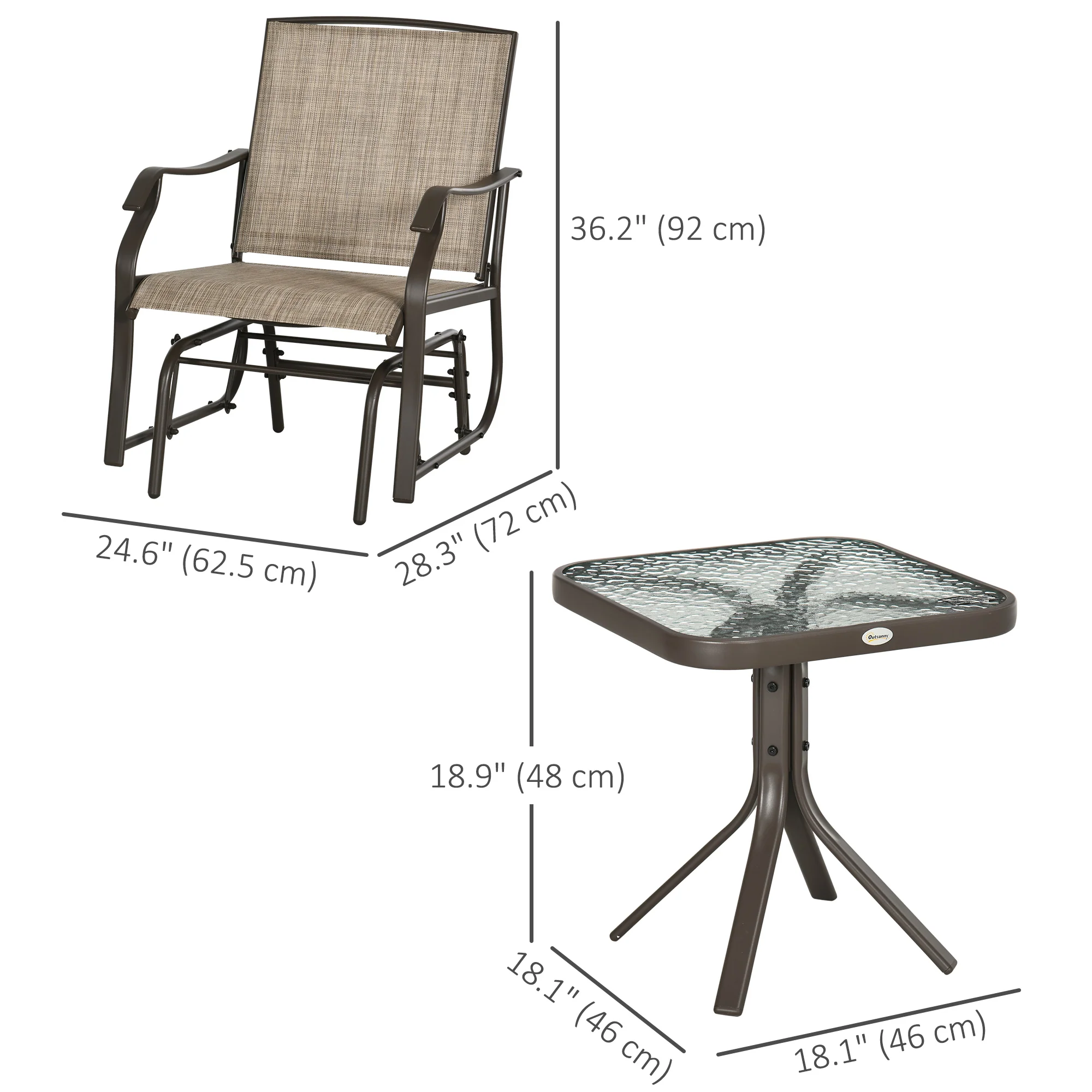 3 Piece Patio Glider Set with Breathable Mesh Seat & Glass Top Table, Mixed Brown - Image 5