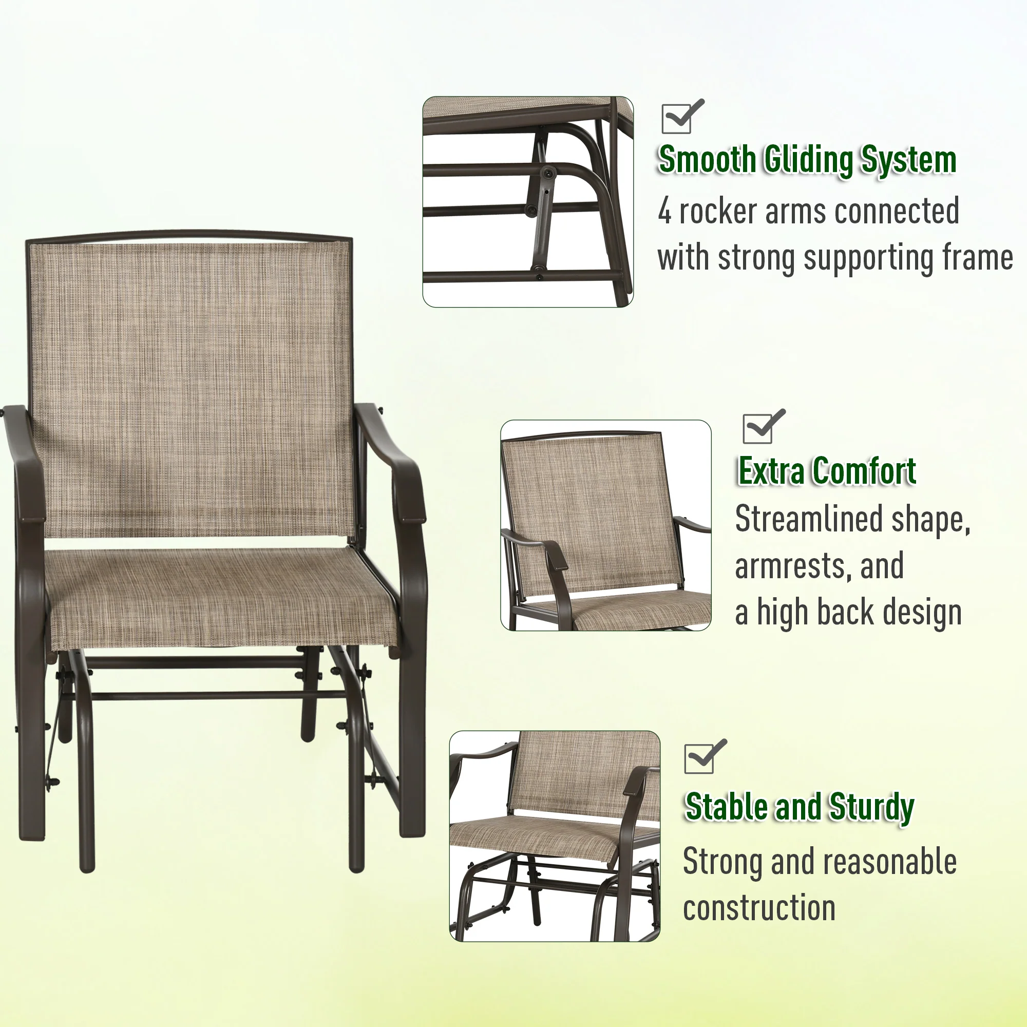 3 Piece Patio Glider Set with Breathable Mesh Seat & Glass Top Table, Mixed Brown - Image 7