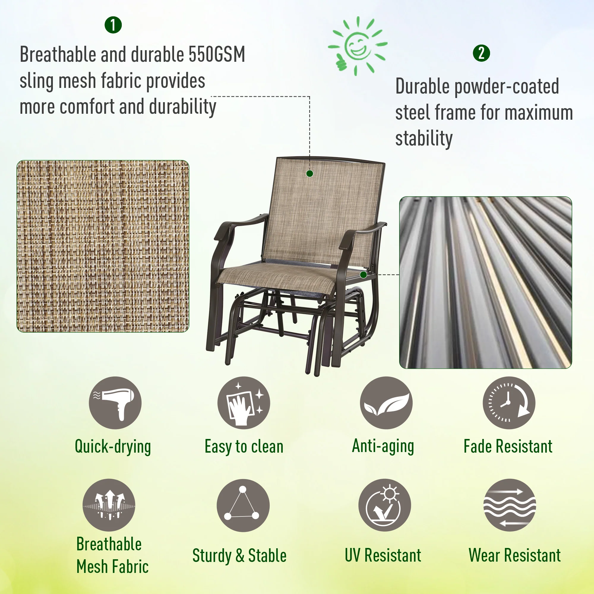 3 Piece Patio Glider Set with Breathable Mesh Seat & Glass Top Table, Mixed Brown - Image 9