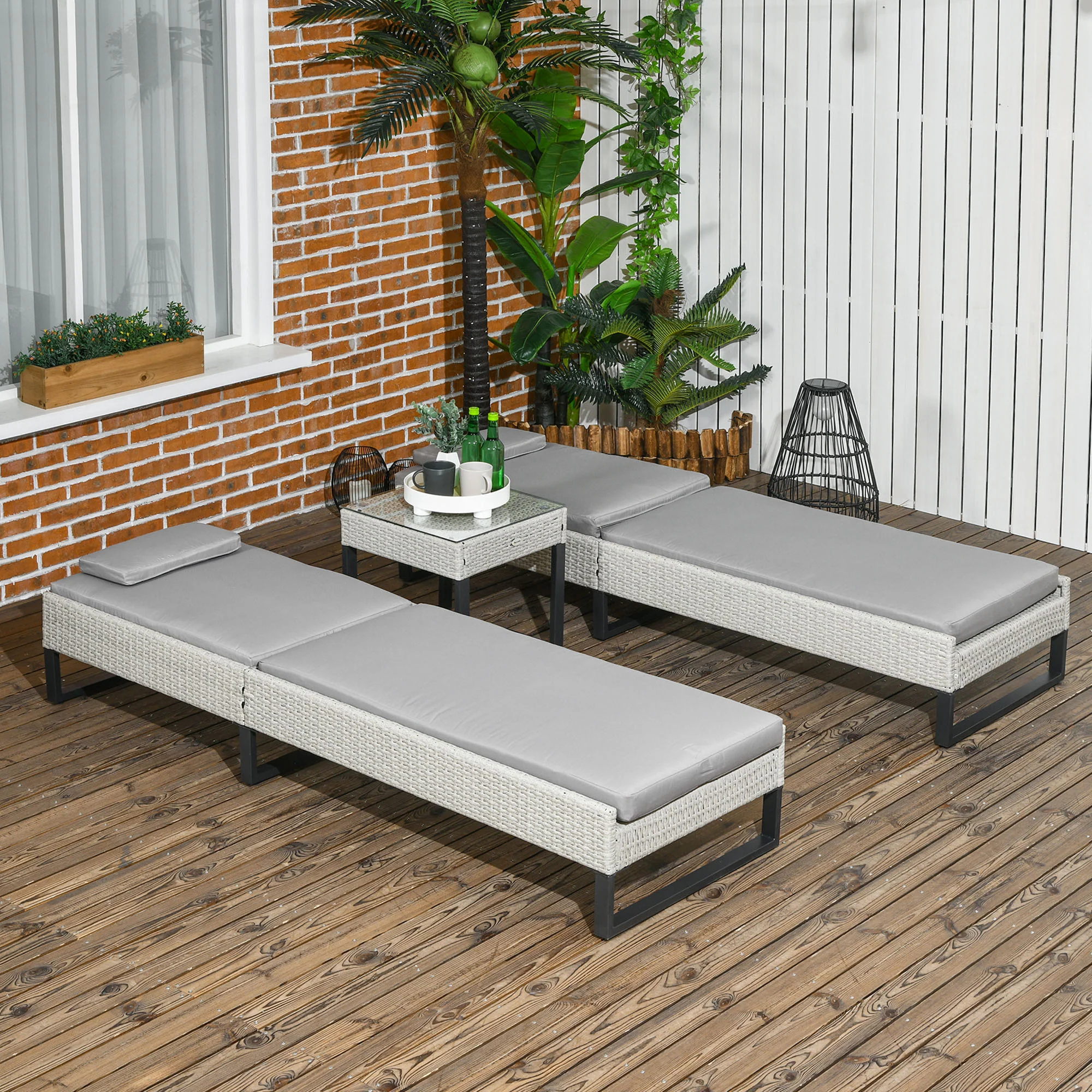 3 Pieces Rattan Sun Lounger Set w/ Adjustable Recliner, Headrests & Coffee Table, Light Grey - Image 10
