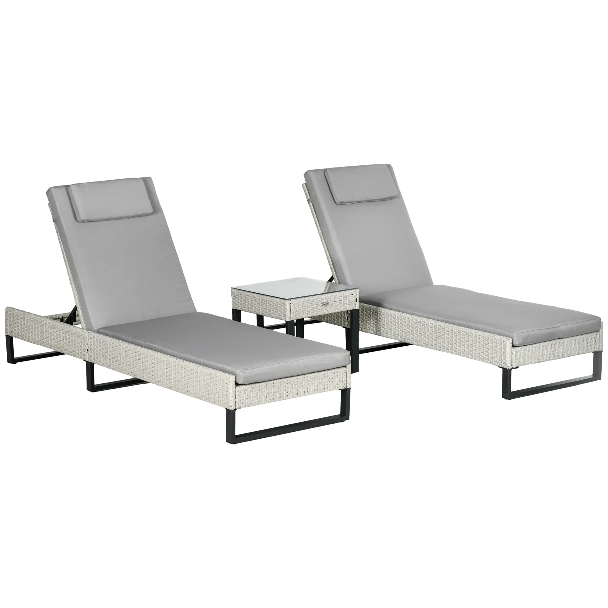 3 Pieces Rattan Sun Lounger Set w/ Adjustable Recliner, Headrests & Coffee Table, Light Grey - Image 12