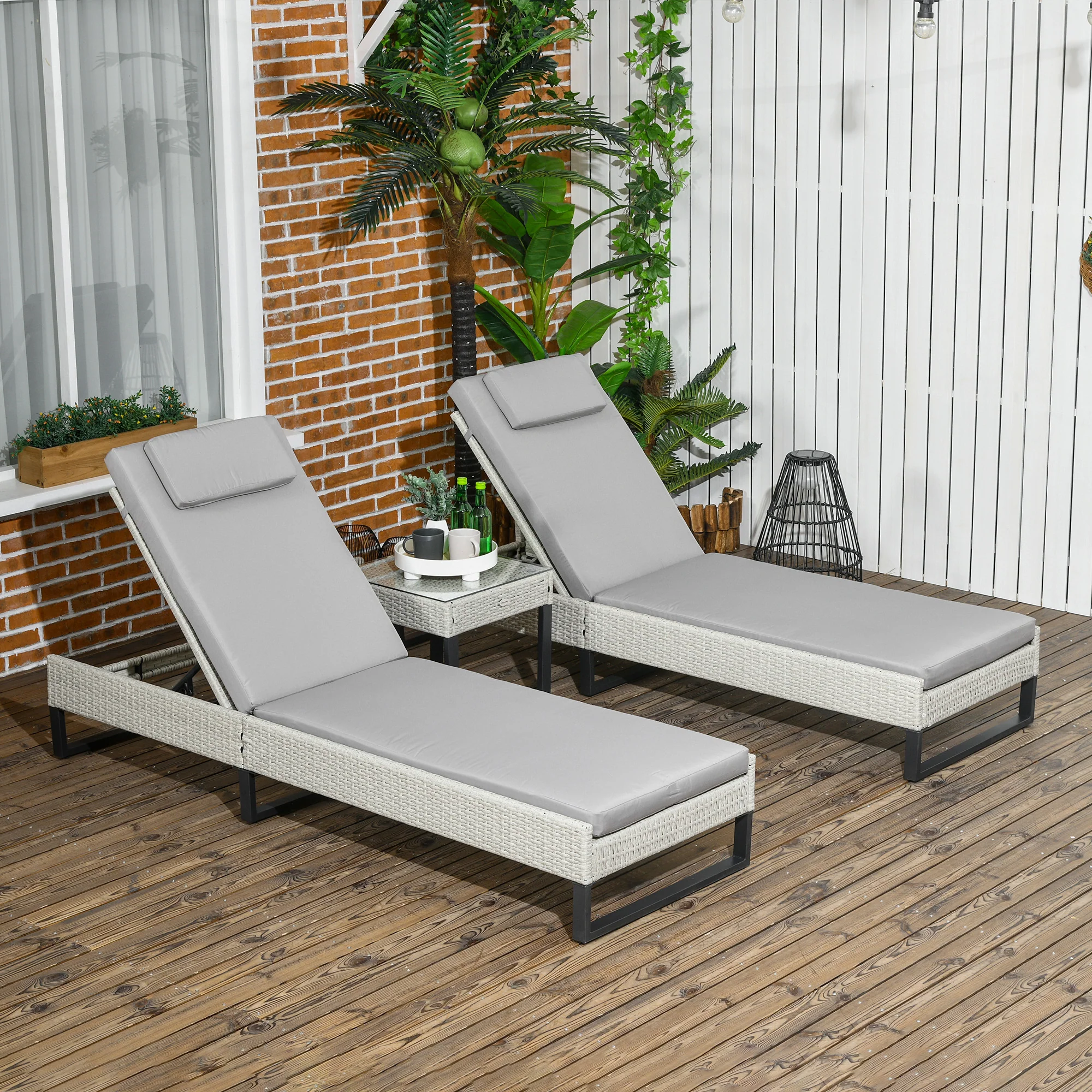 3 Pieces Rattan Sun Lounger Set w/ Adjustable Recliner, Headrests & Coffee Table, Light Grey - Image 4