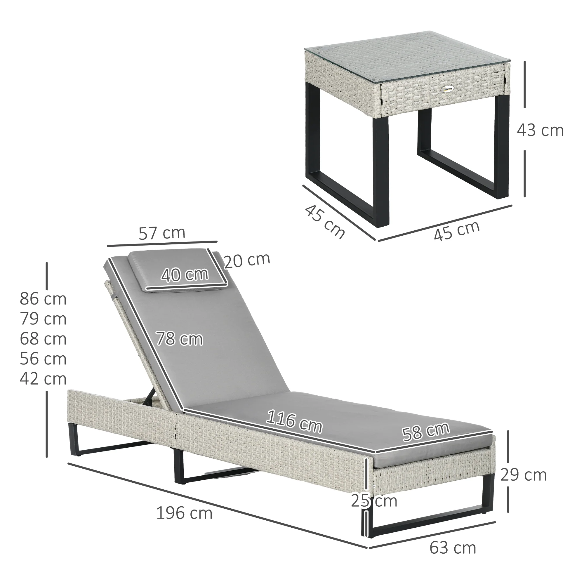 3 Pieces Rattan Sun Lounger Set w/ Adjustable Recliner, Headrests & Coffee Table, Light Grey - Image 5