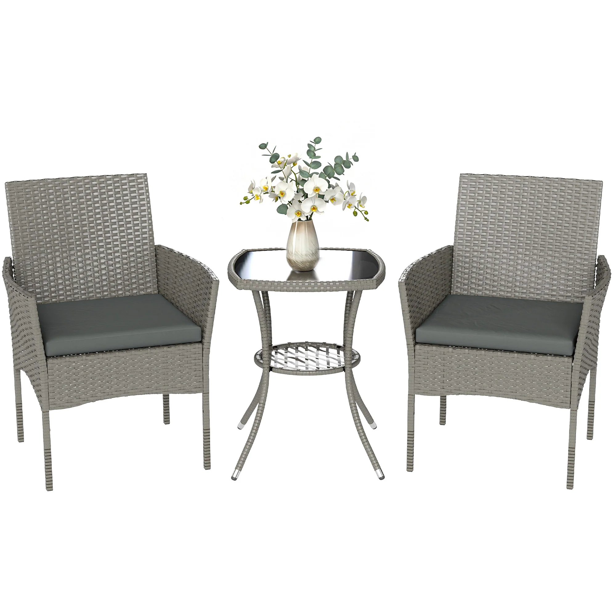 3-Piece PE Rattan Bistro Set with Glass-Top Table & Cushions, Dark Grey