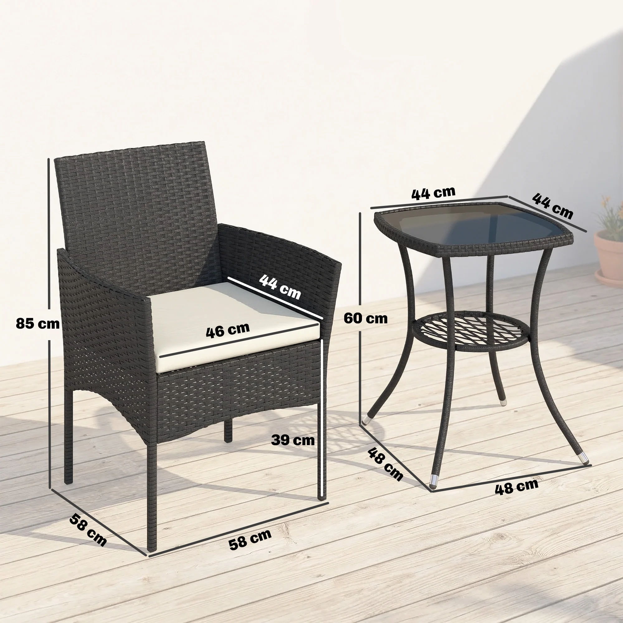 3-Piece PE Wicker Bistro Set with 2-Tier Glass Table and Cushions, Cream White - Image 5