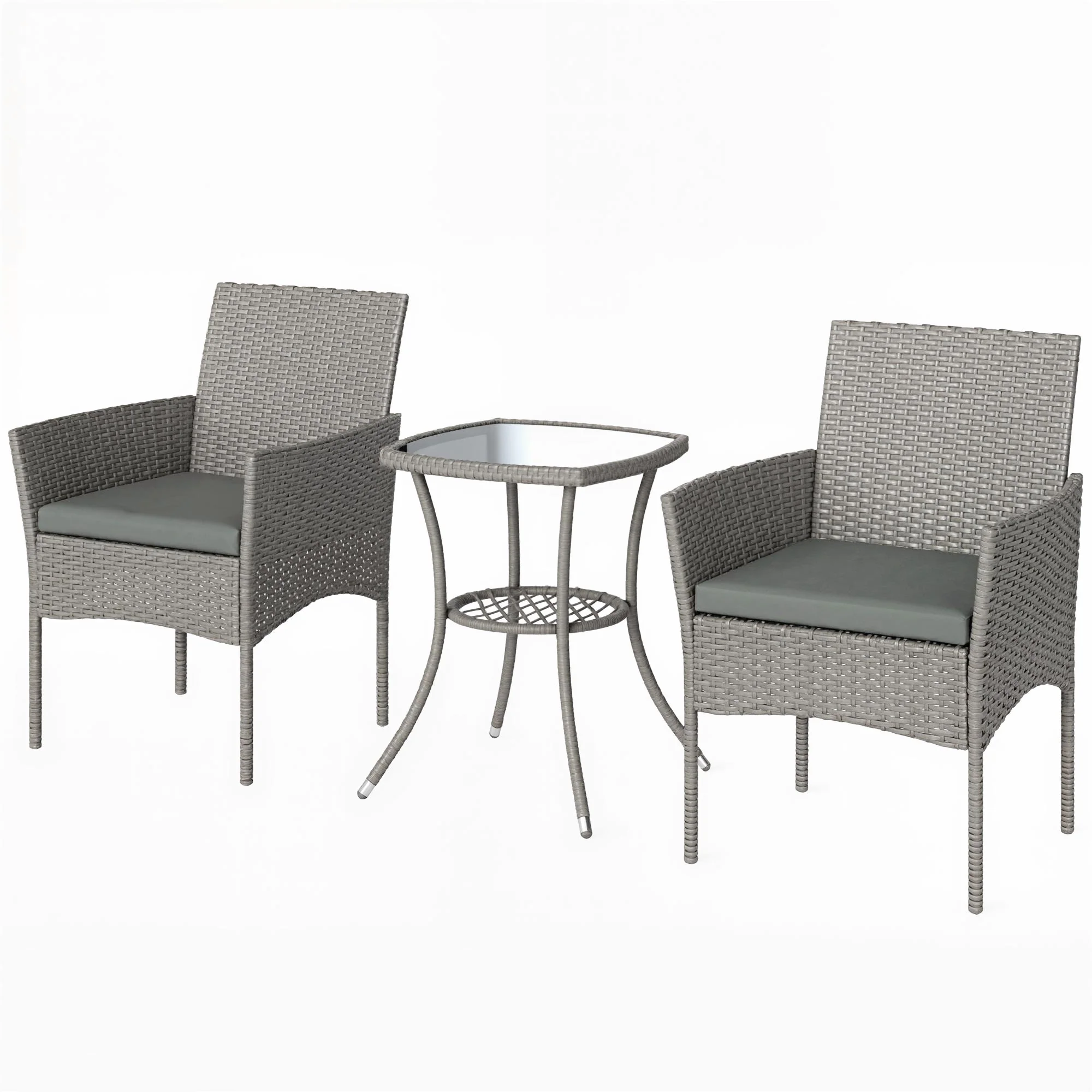 3-Piece PE Rattan Bistro Set with Glass-Top Table & Cushions, Dark Grey - Image 2
