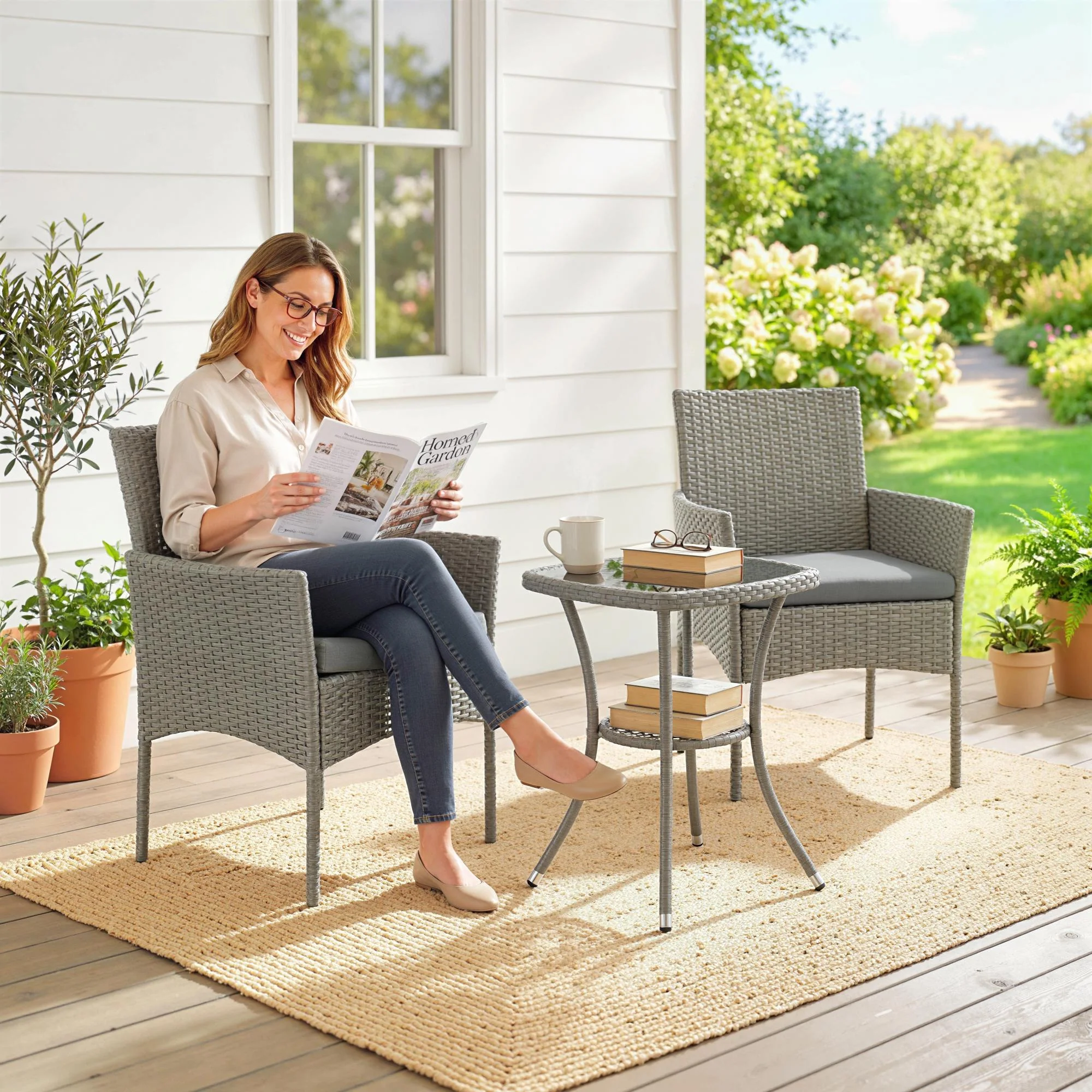 3-Piece PE Rattan Bistro Set with Glass-Top Table & Cushions, Dark Grey - Image 3