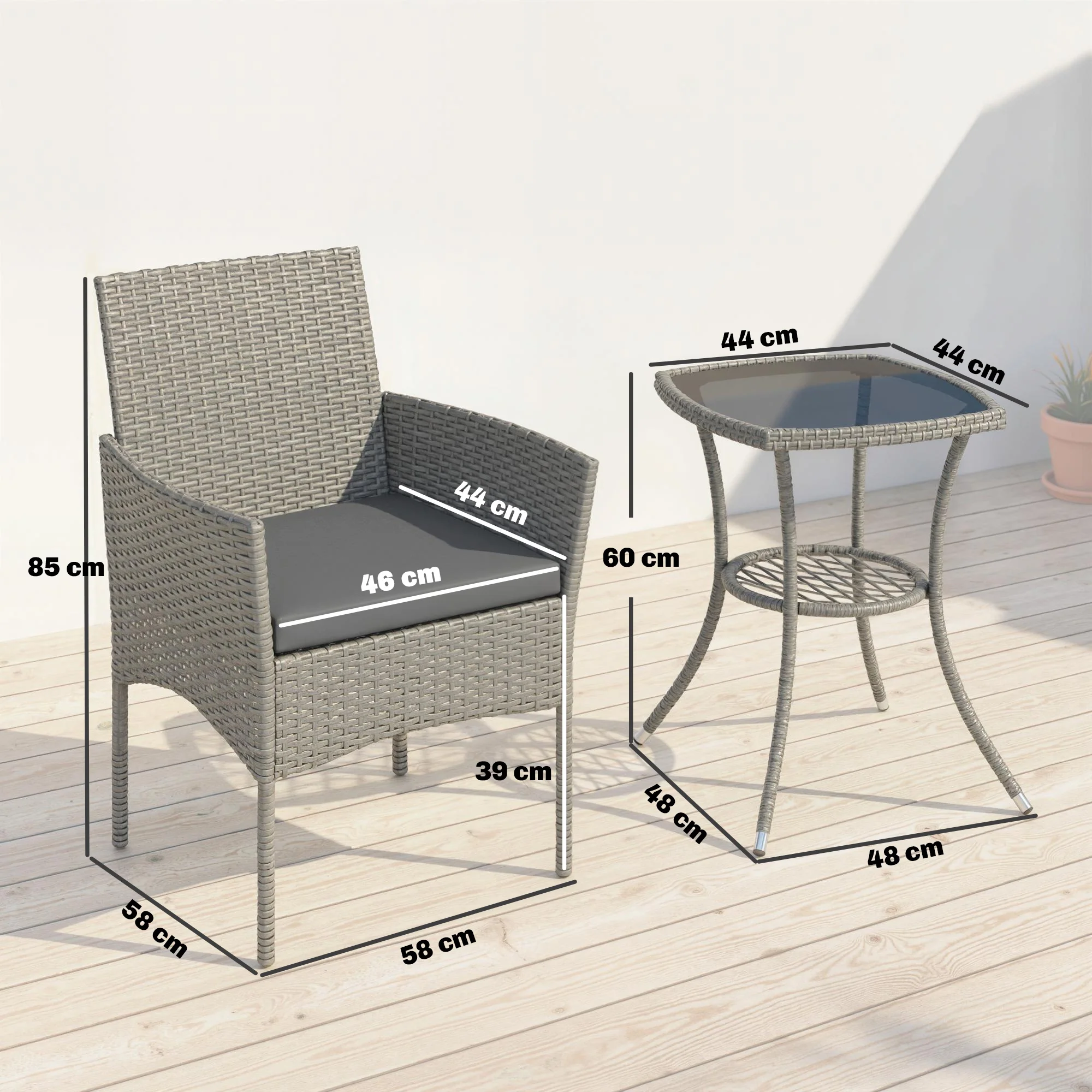 3-Piece PE Rattan Bistro Set with Glass-Top Table & Cushions, Dark Grey - Image 5