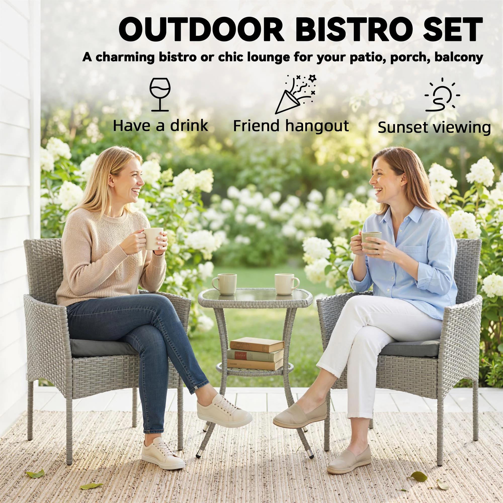 3-Piece PE Rattan Bistro Set with Glass-Top Table & Cushions, Dark Grey - Image 6
