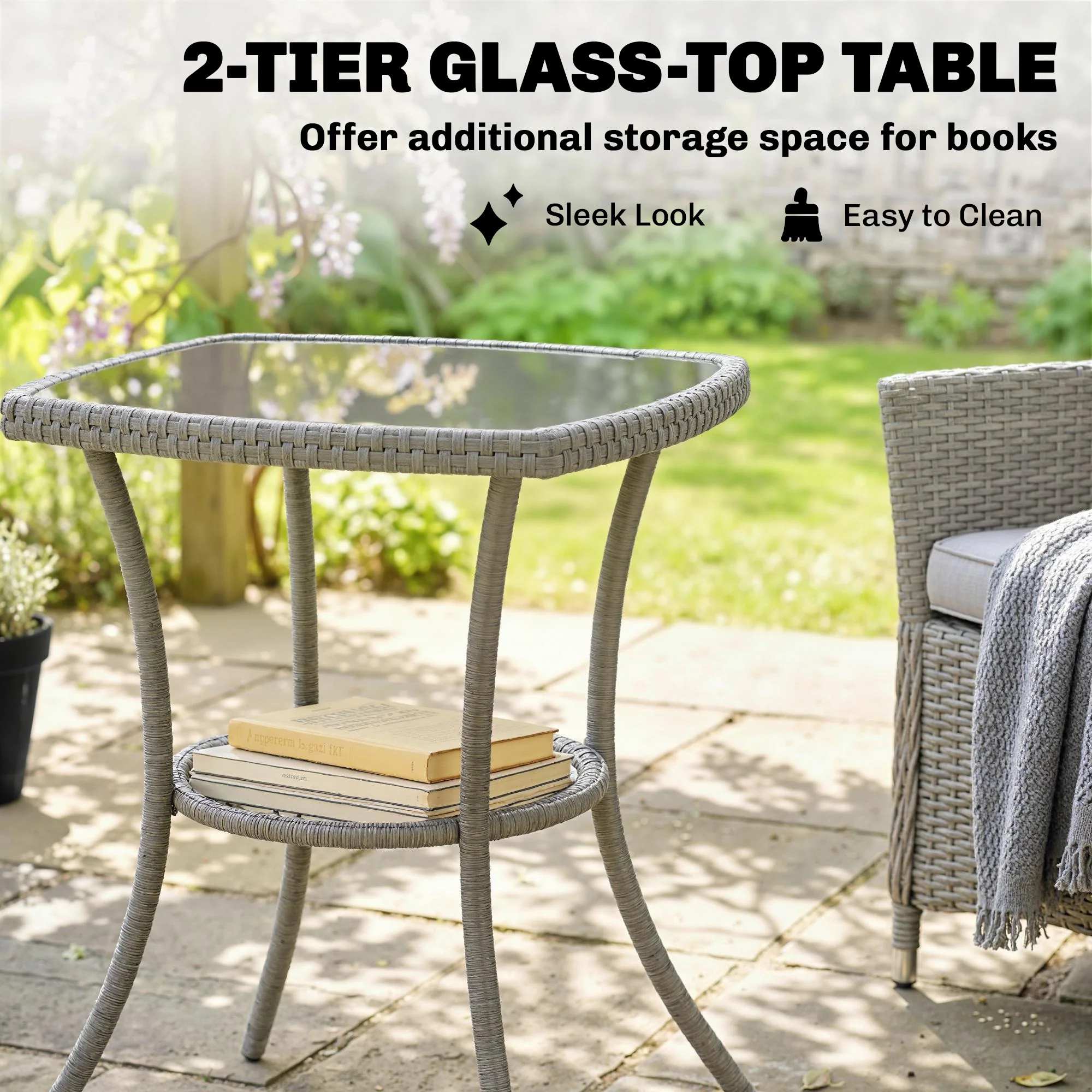 3-Piece PE Rattan Bistro Set with Glass-Top Table & Cushions, Dark Grey - Image 8