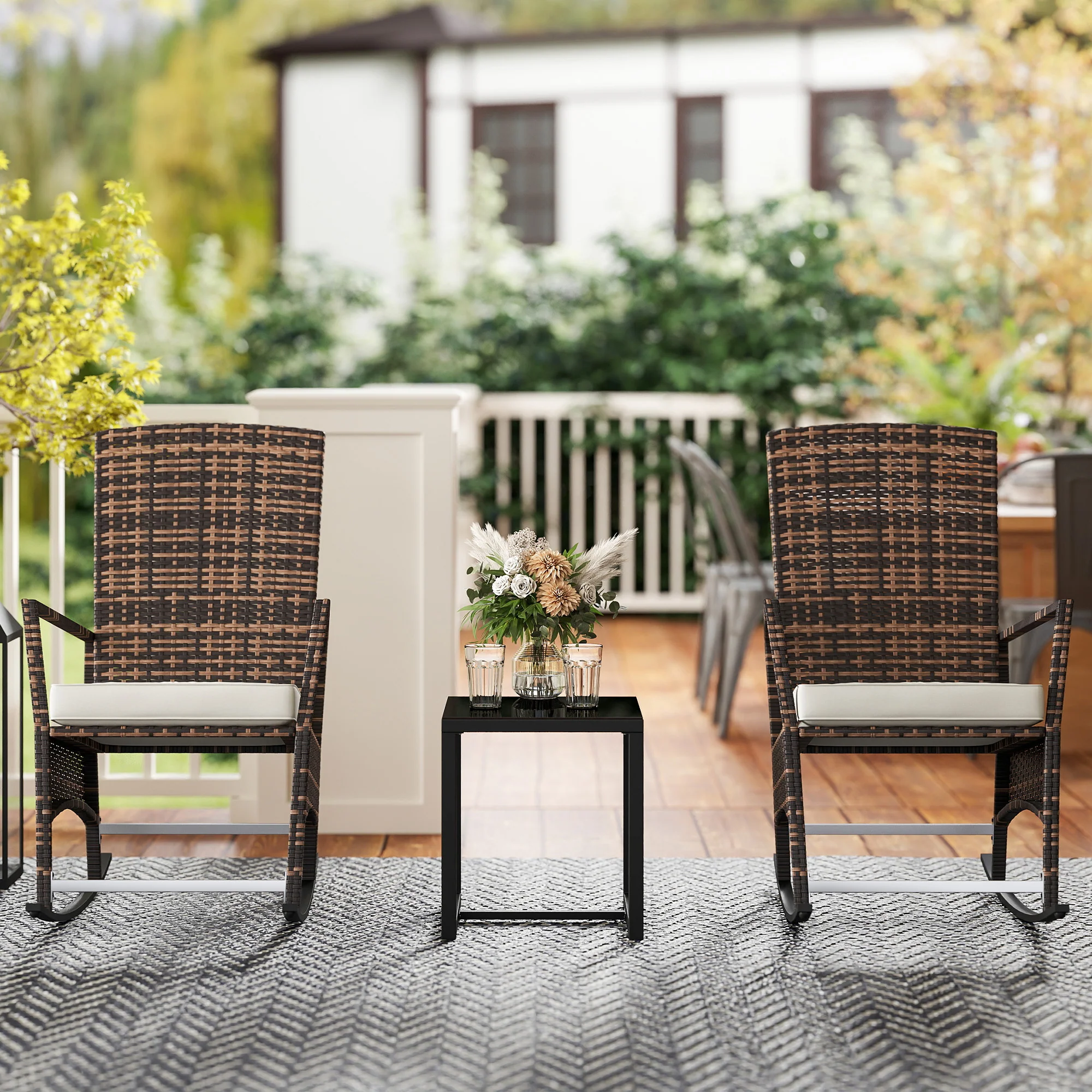 3 Piece Rocking Wicker Bistro Set with 3-Level Reclining High Back & Glass Table, White - Image 4