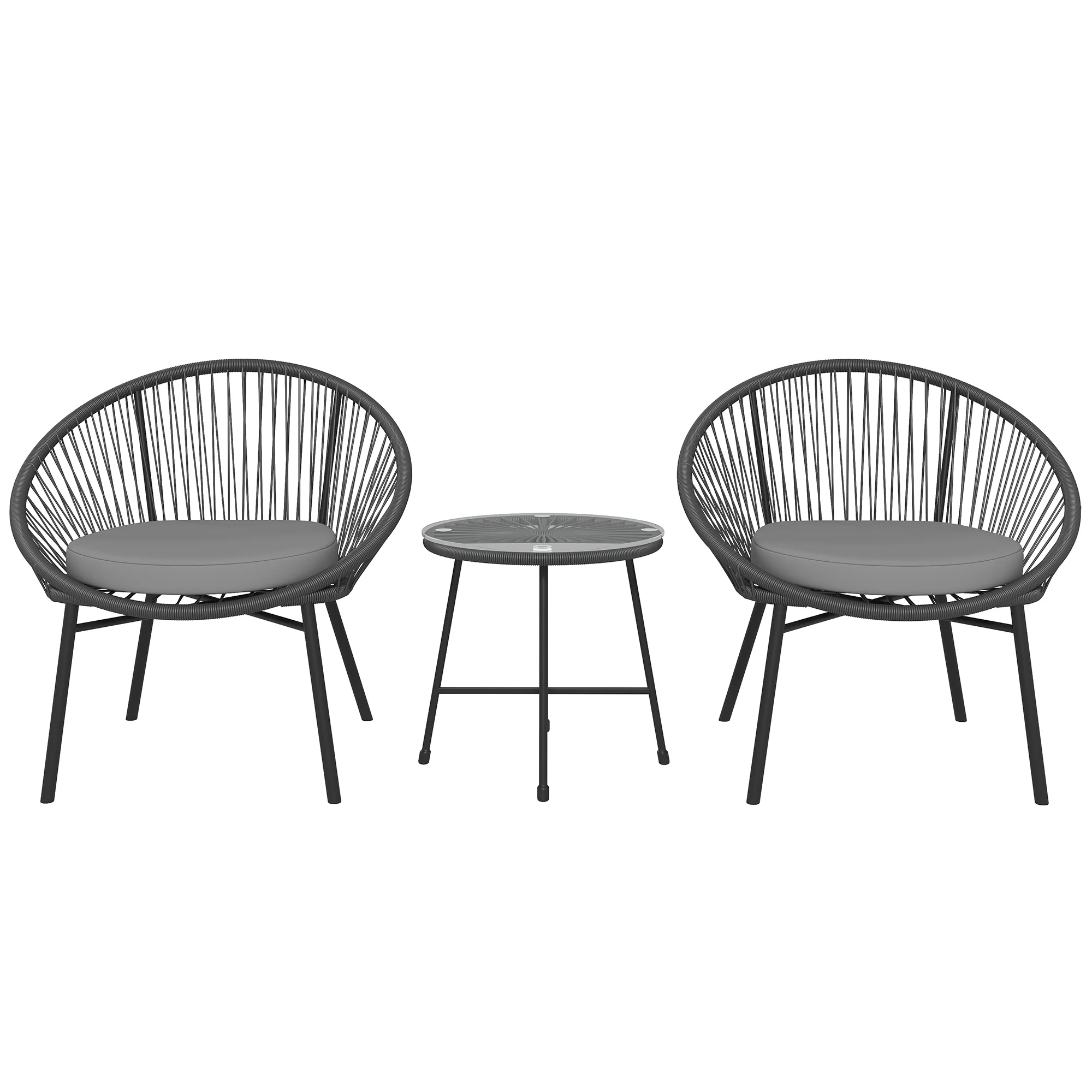 3 Piece Wicker Patio Furniture Set w/ Soft Seat Cushions, Tempered Glass Tabletop, Black