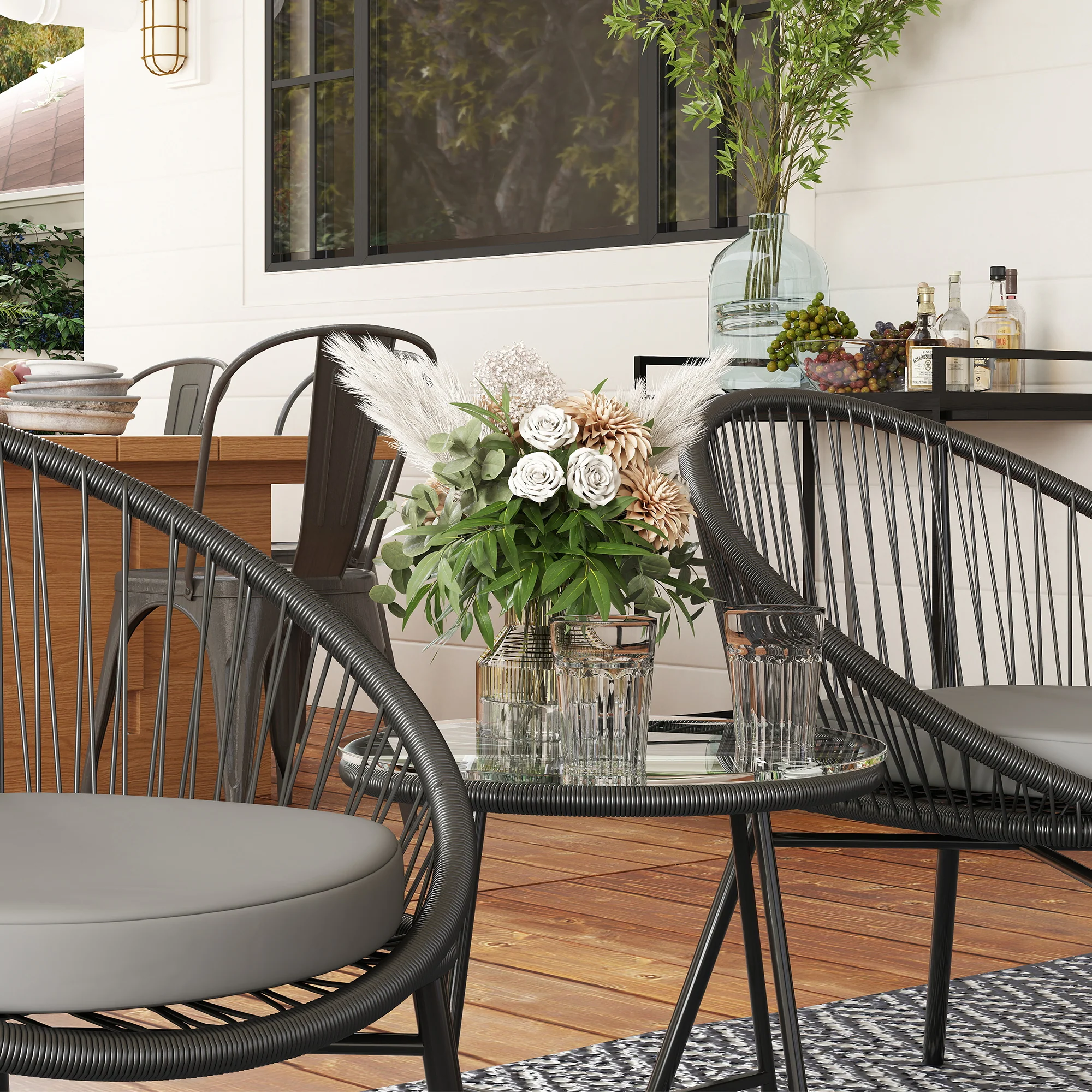 3 Piece Wicker Patio Furniture Set w/ Soft Seat Cushions, Tempered Glass Tabletop, Black - Image 10