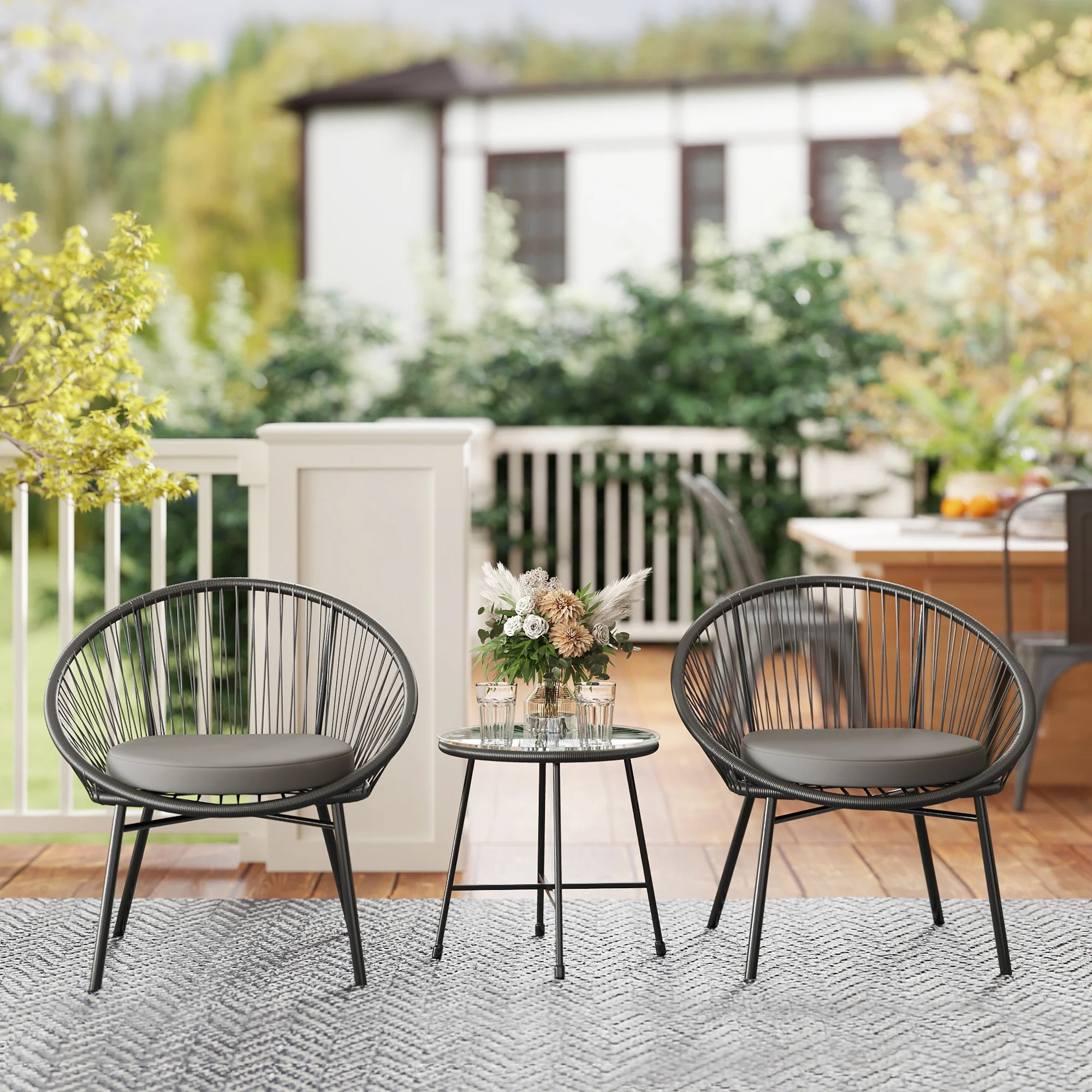3 Piece Wicker Patio Furniture Set w/ Soft Seat Cushions, Tempered Glass Tabletop, Black - Image 4