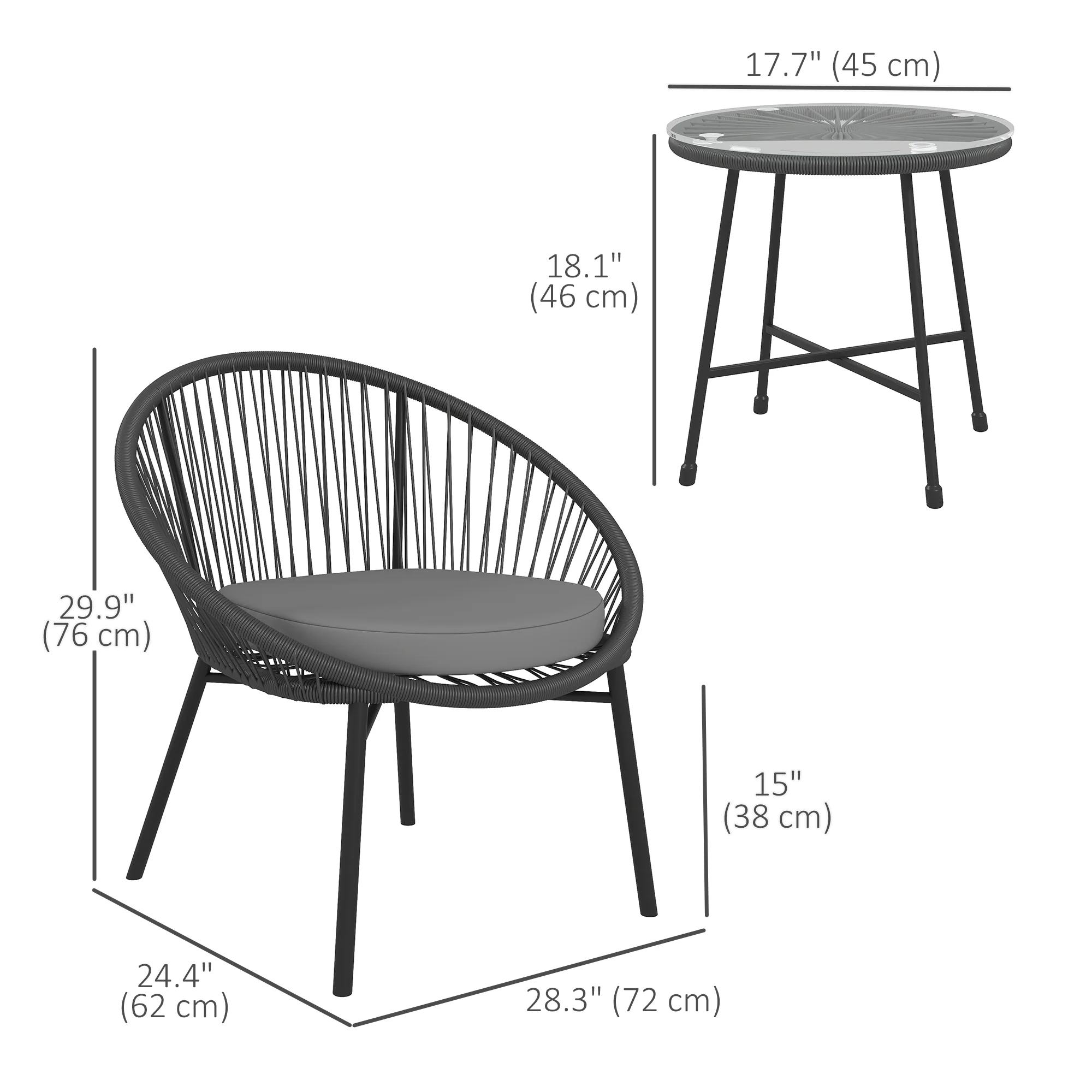 3 Piece Wicker Patio Furniture Set w/ Soft Seat Cushions, Tempered Glass Tabletop, Black - Image 5