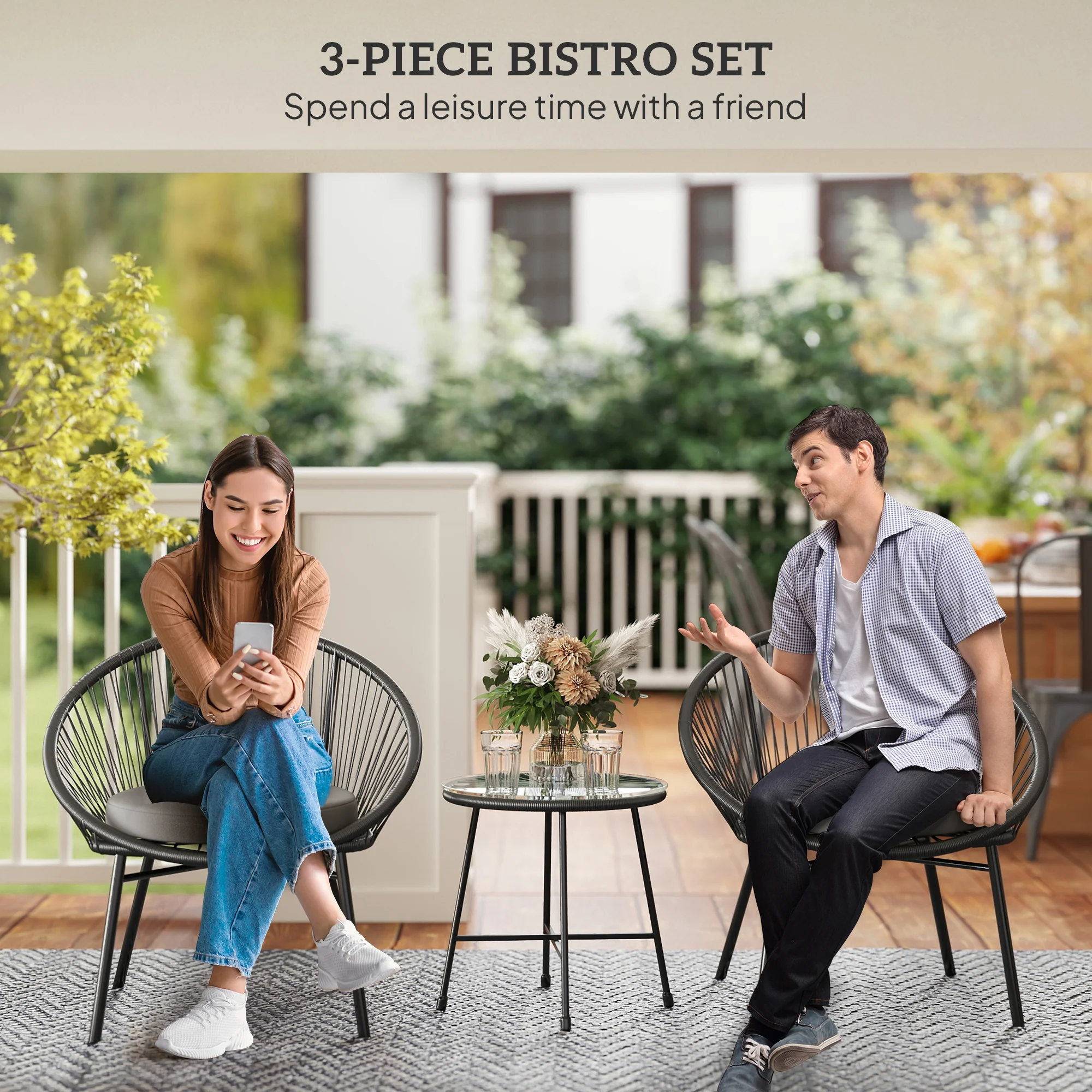 3 Piece Wicker Patio Furniture Set w/ Soft Seat Cushions, Tempered Glass Tabletop, Black - Image 6