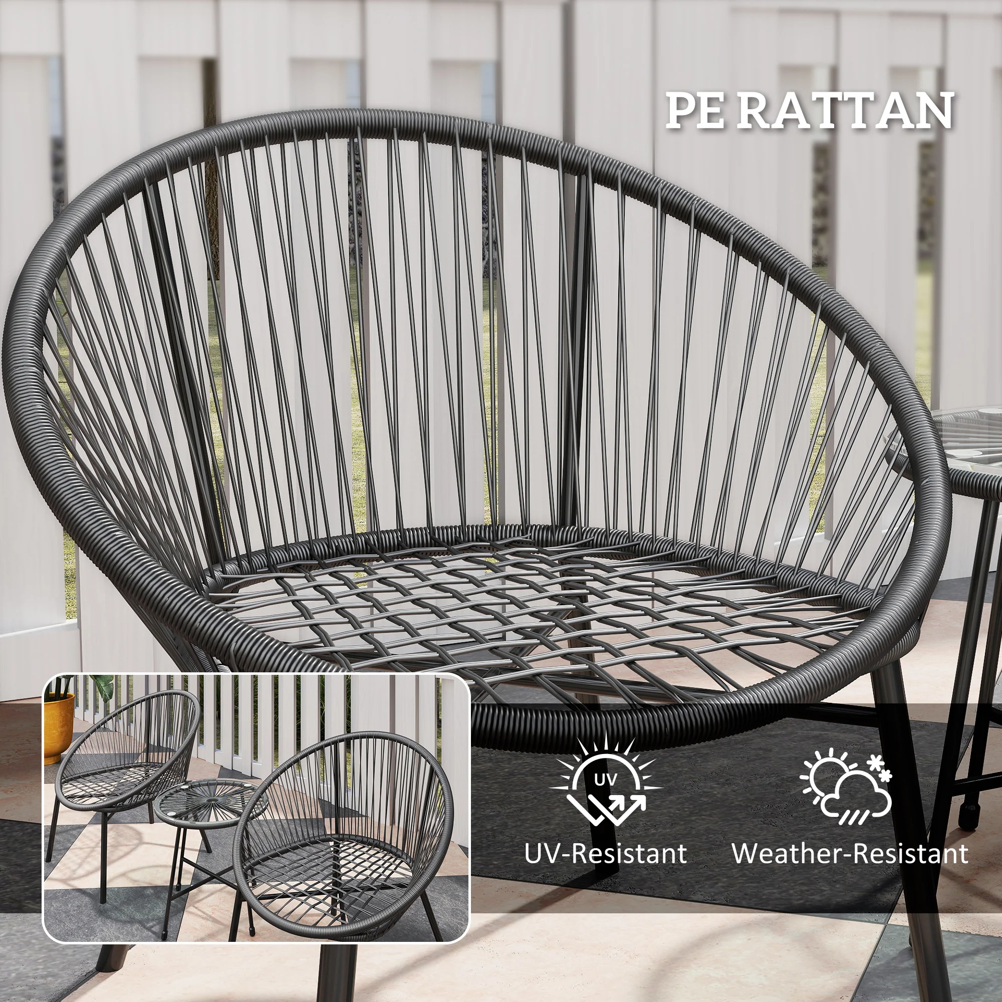 3 Piece Wicker Patio Furniture Set w/ Soft Seat Cushions, Tempered Glass Tabletop, Black - Image 8