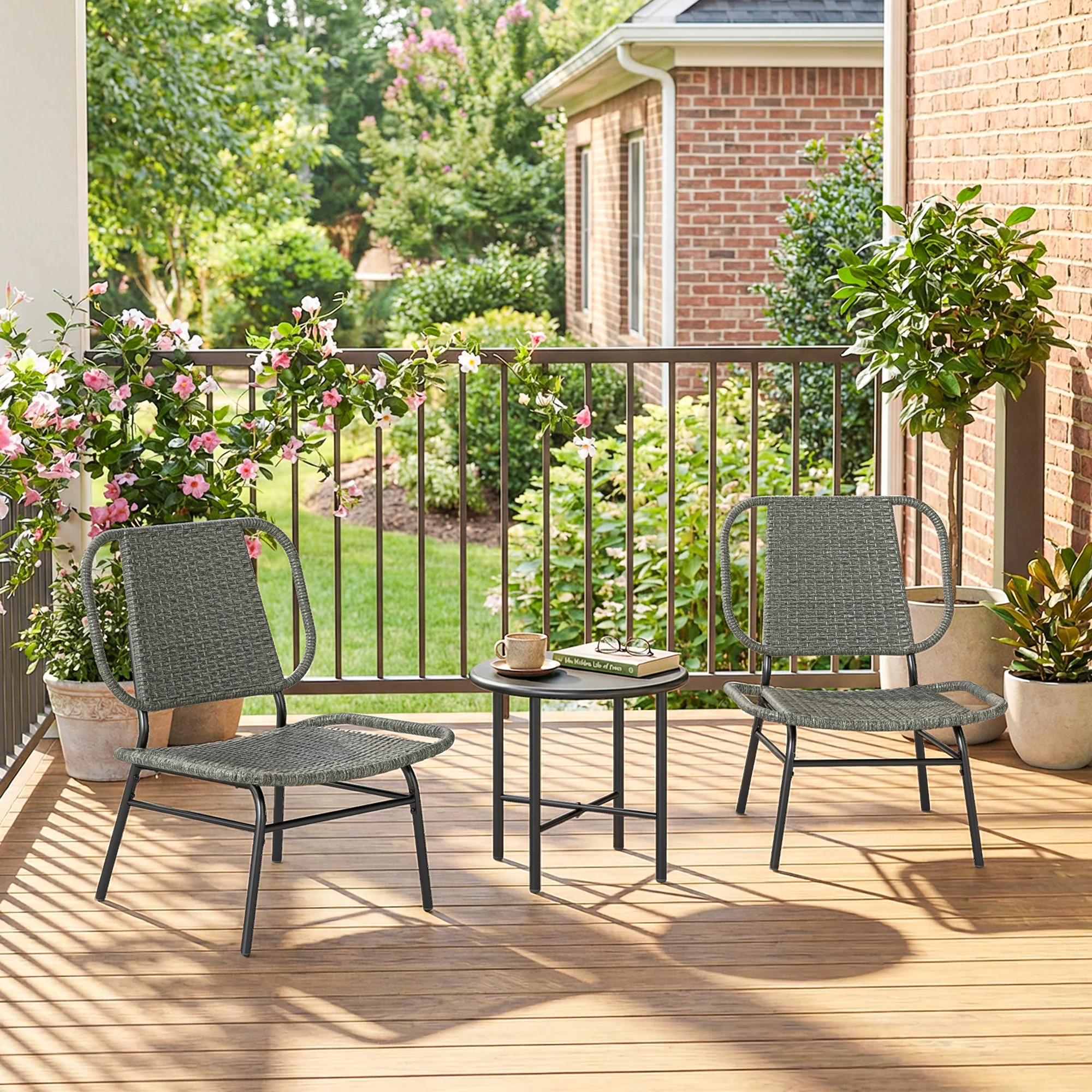 3 Piece Wicker Patio Bistro Set with 2 Armless Chairs and Steel Table, Grey - Image 11