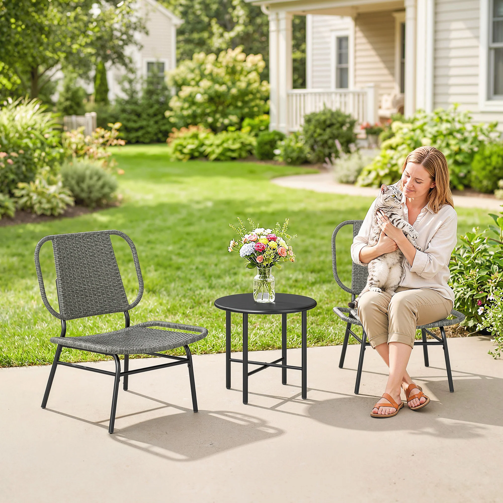 3 Piece Wicker Patio Bistro Set with 2 Armless Chairs and Steel Table, Grey - Image 3