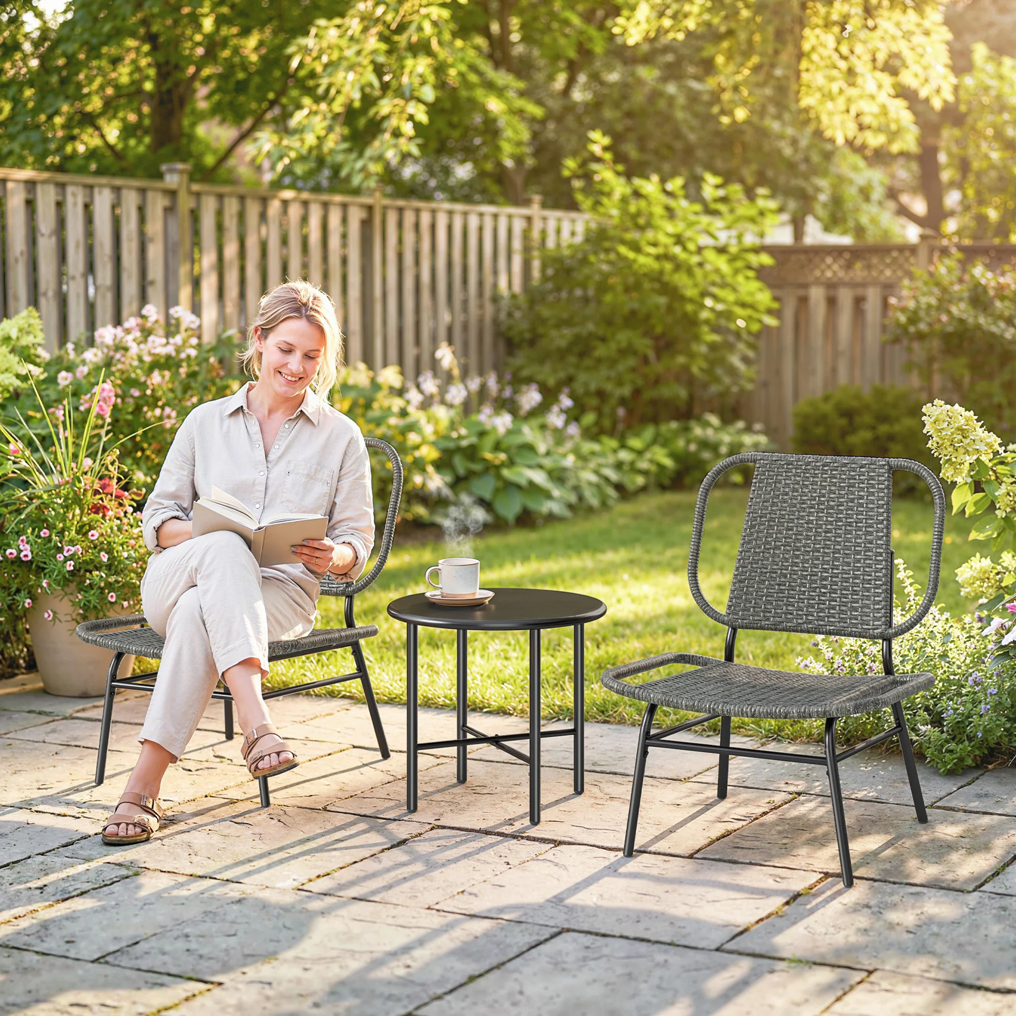 3 Piece Wicker Patio Bistro Set with 2 Armless Chairs and Steel Table, Grey - Image 4