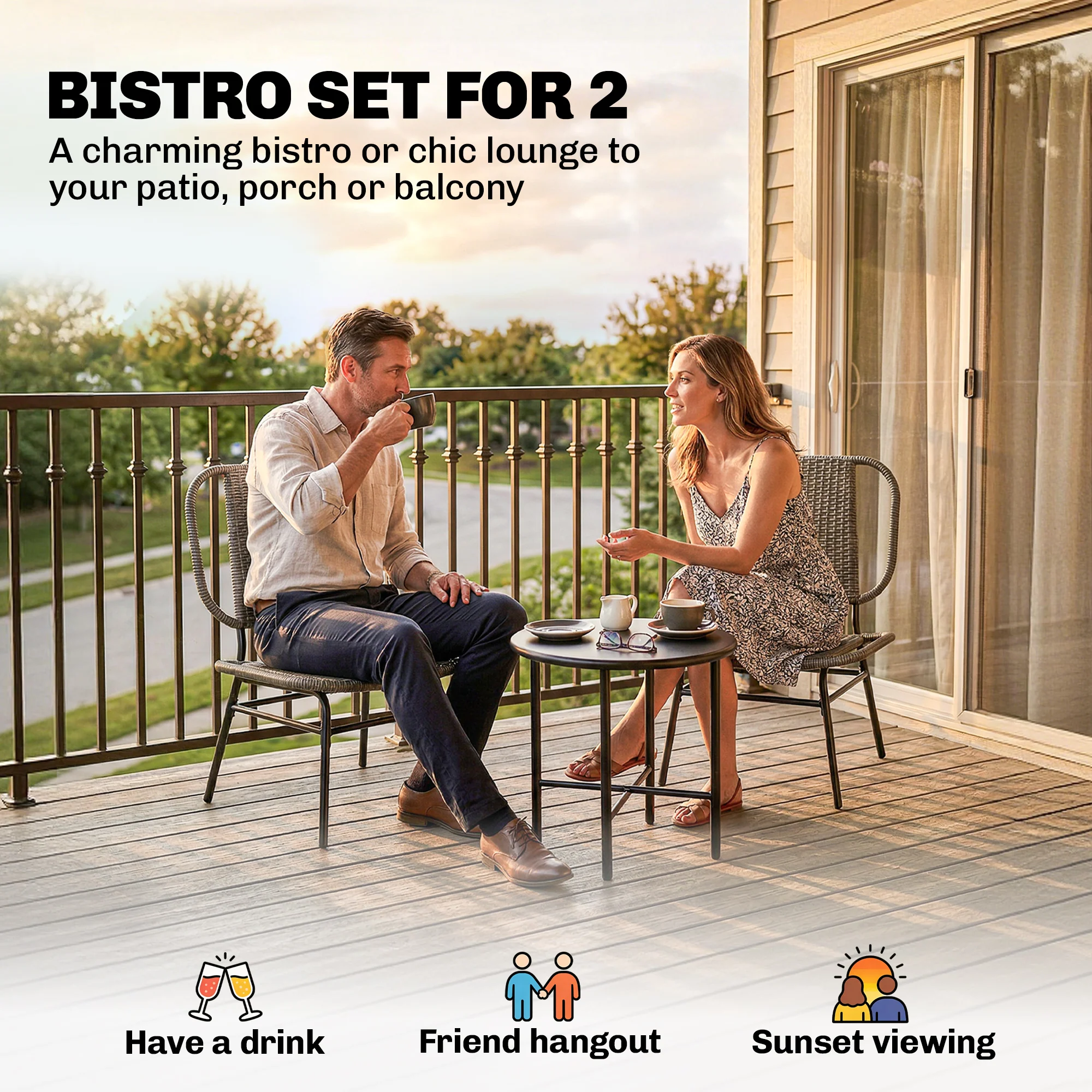 3 Piece Wicker Patio Bistro Set with 2 Armless Chairs and Steel Table, Grey - Image 6