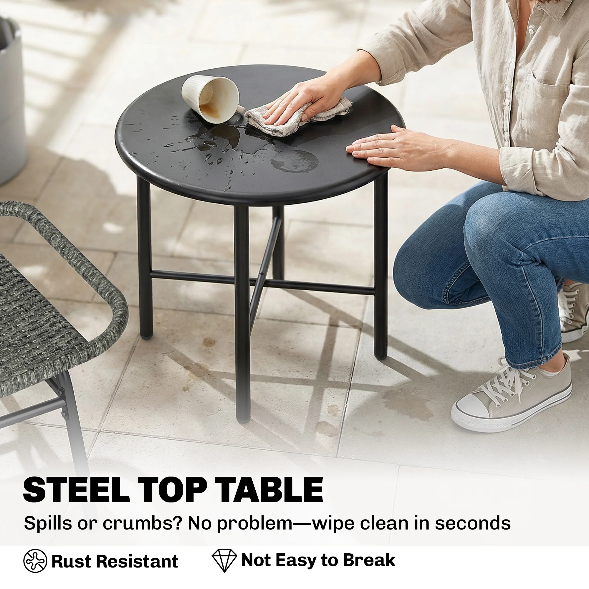 3 Piece Wicker Patio Bistro Set with 2 Armless Chairs and Steel Table, Grey - Image 9