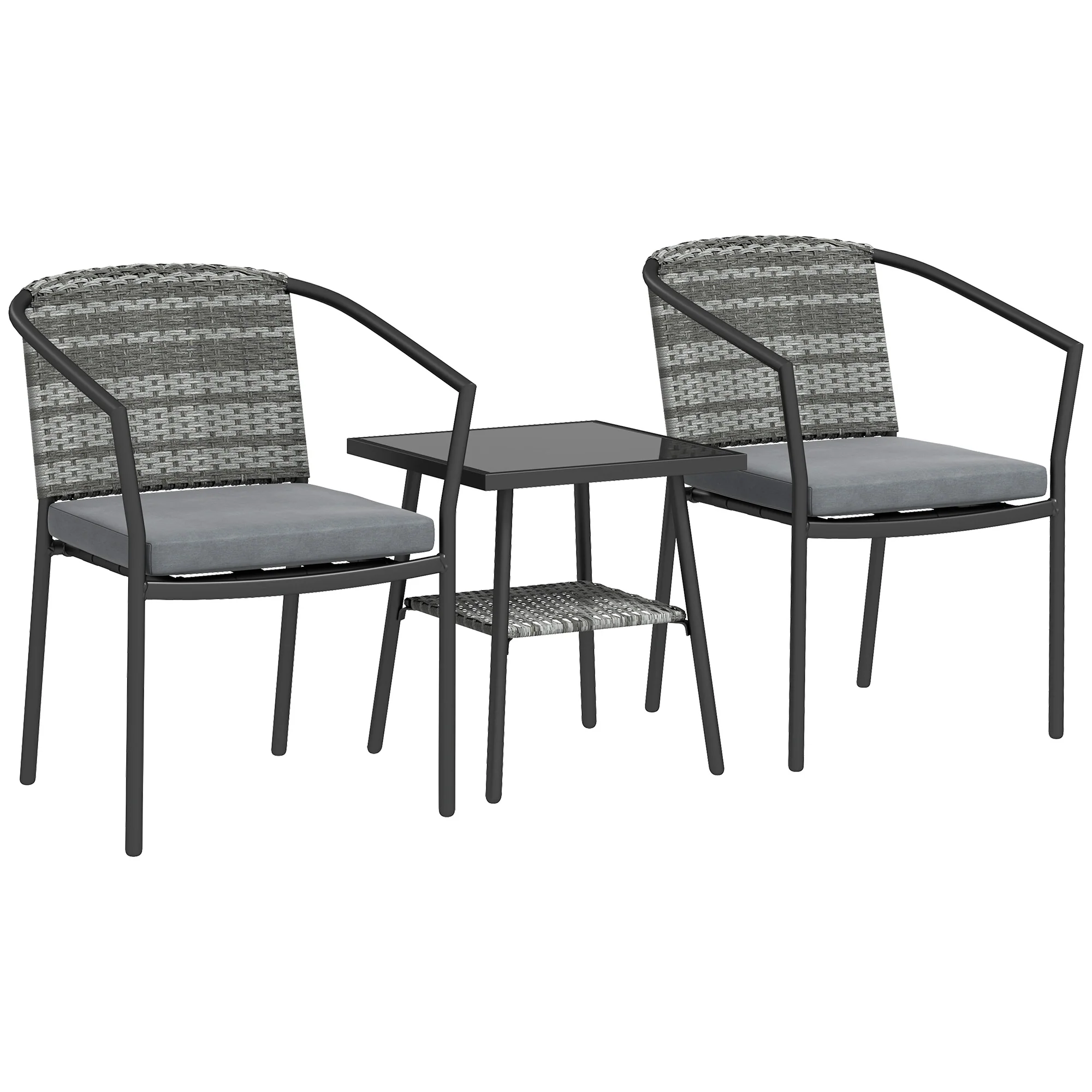 3pc Wicker Bistro Set with Cushions and 2-Tier Glass Table, Dark Grey - Image 12