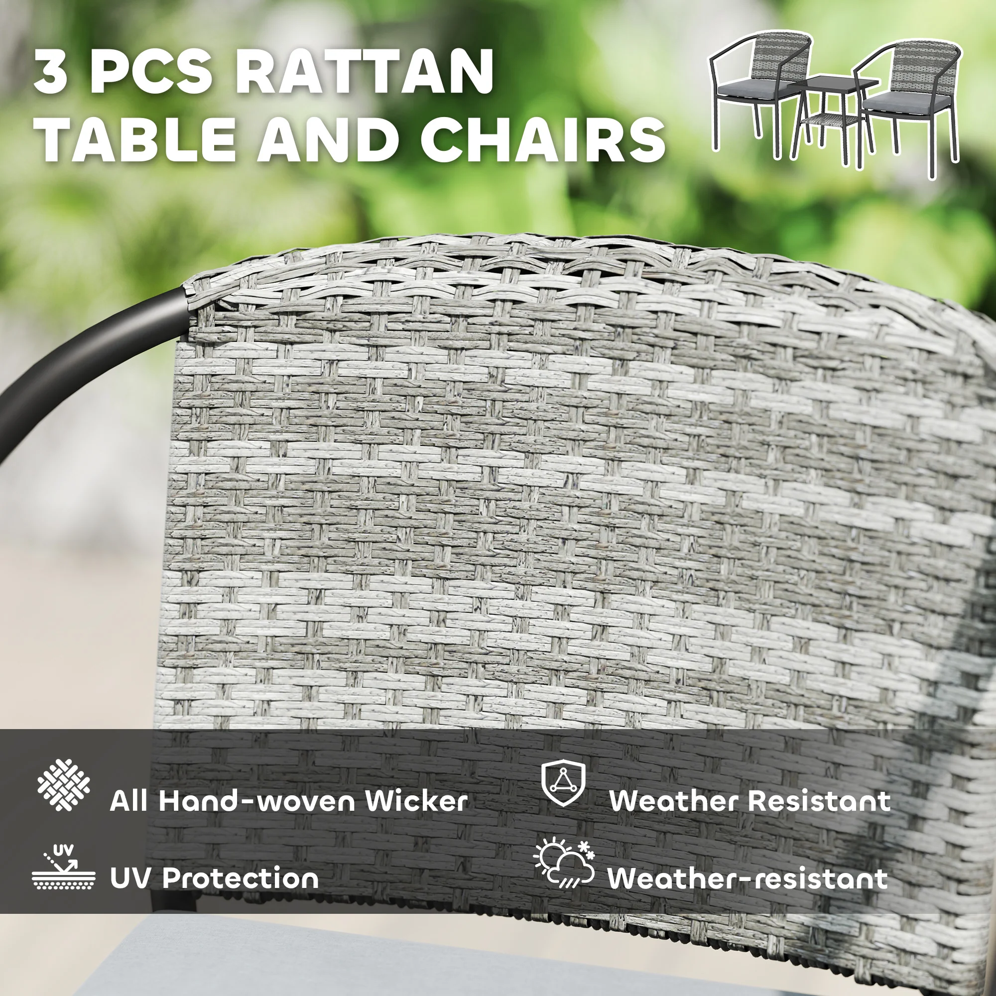 3pc Wicker Bistro Set with Cushions and 2-Tier Glass Table, Dark Grey - Image 6