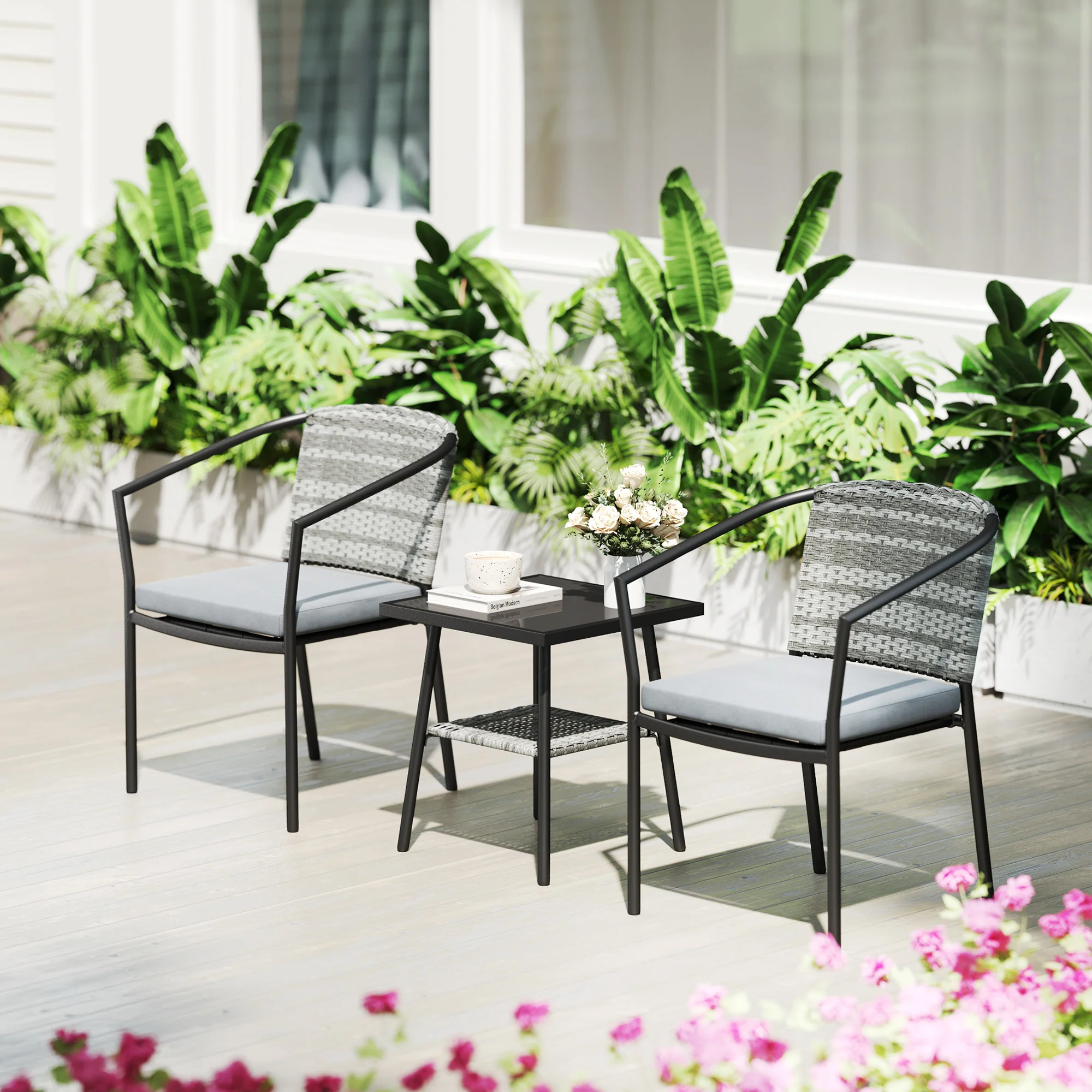 3pc Wicker Bistro Set with Cushions and 2-Tier Glass Table, Dark Grey - Image 9