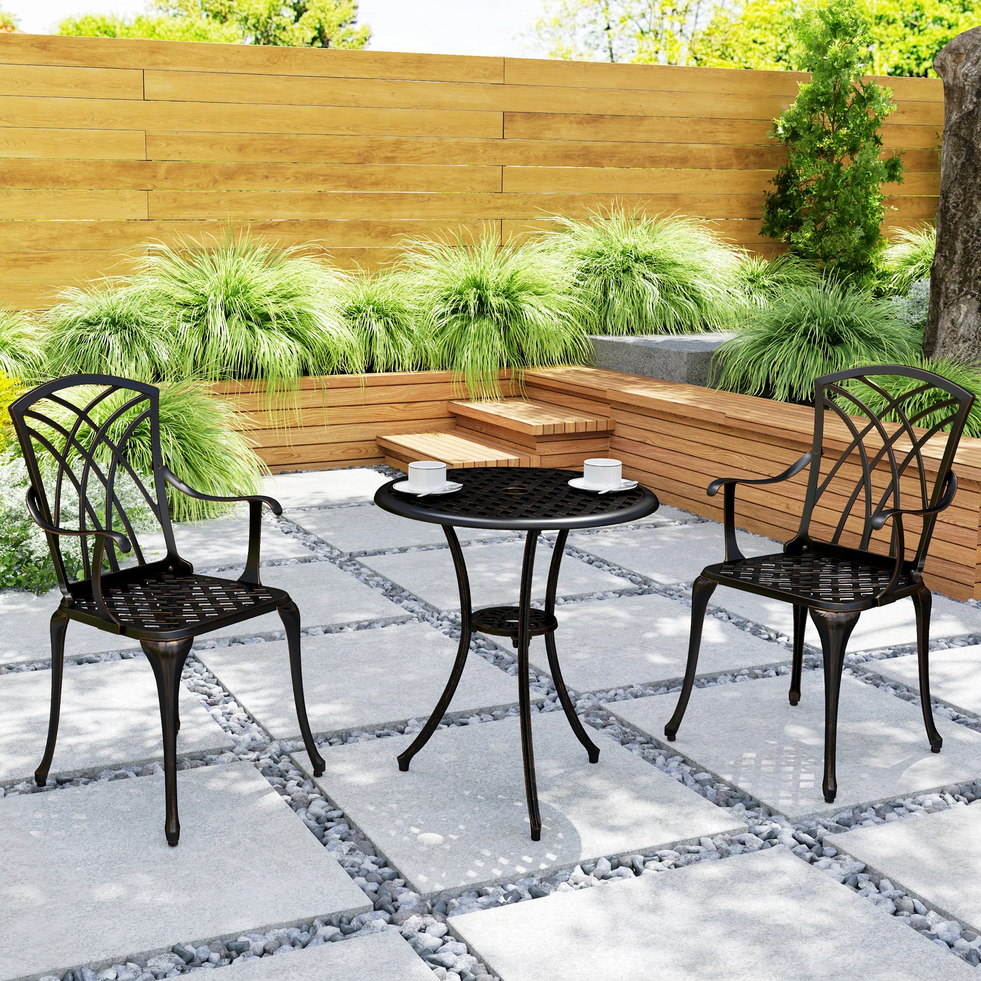 3 Piece Garden Dining Set, Outdoor Aluminium Round Table & Armchairs with Parasol Hole, Bronze Tone - Image 10