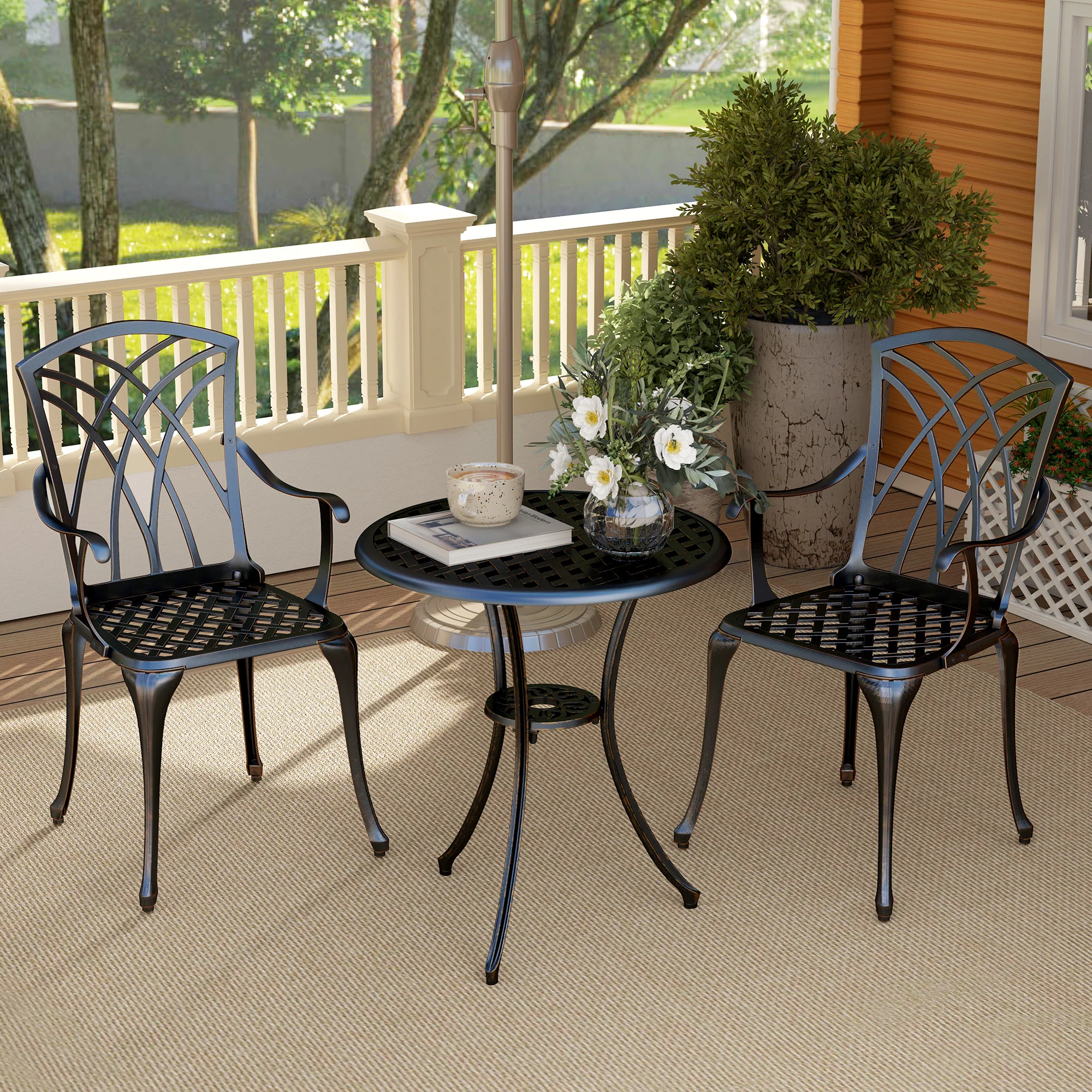 3 Piece Garden Dining Set, Outdoor Aluminium Round Table & Armchairs with Parasol Hole, Bronze Tone - Image 11