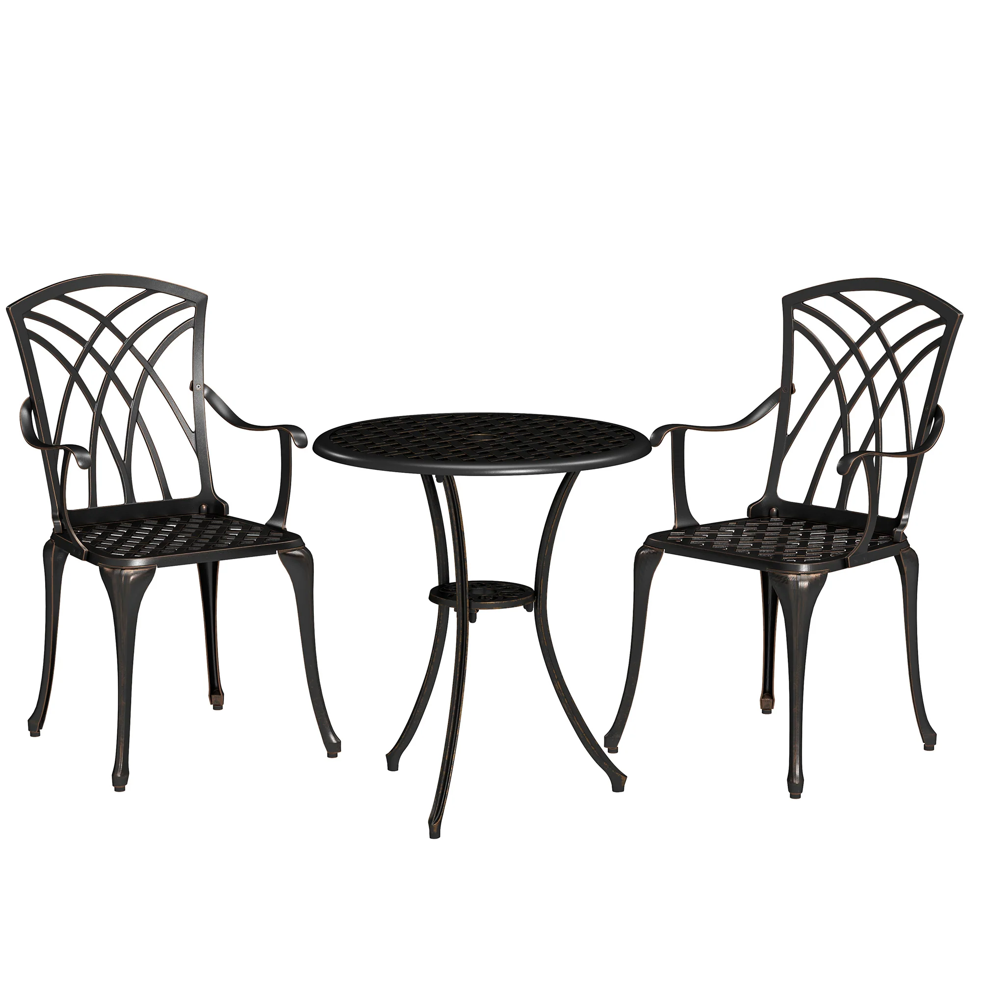 3 Piece Garden Dining Set, Outdoor Aluminium Round Table & Armchairs with Parasol Hole, Bronze Tone - Image 12