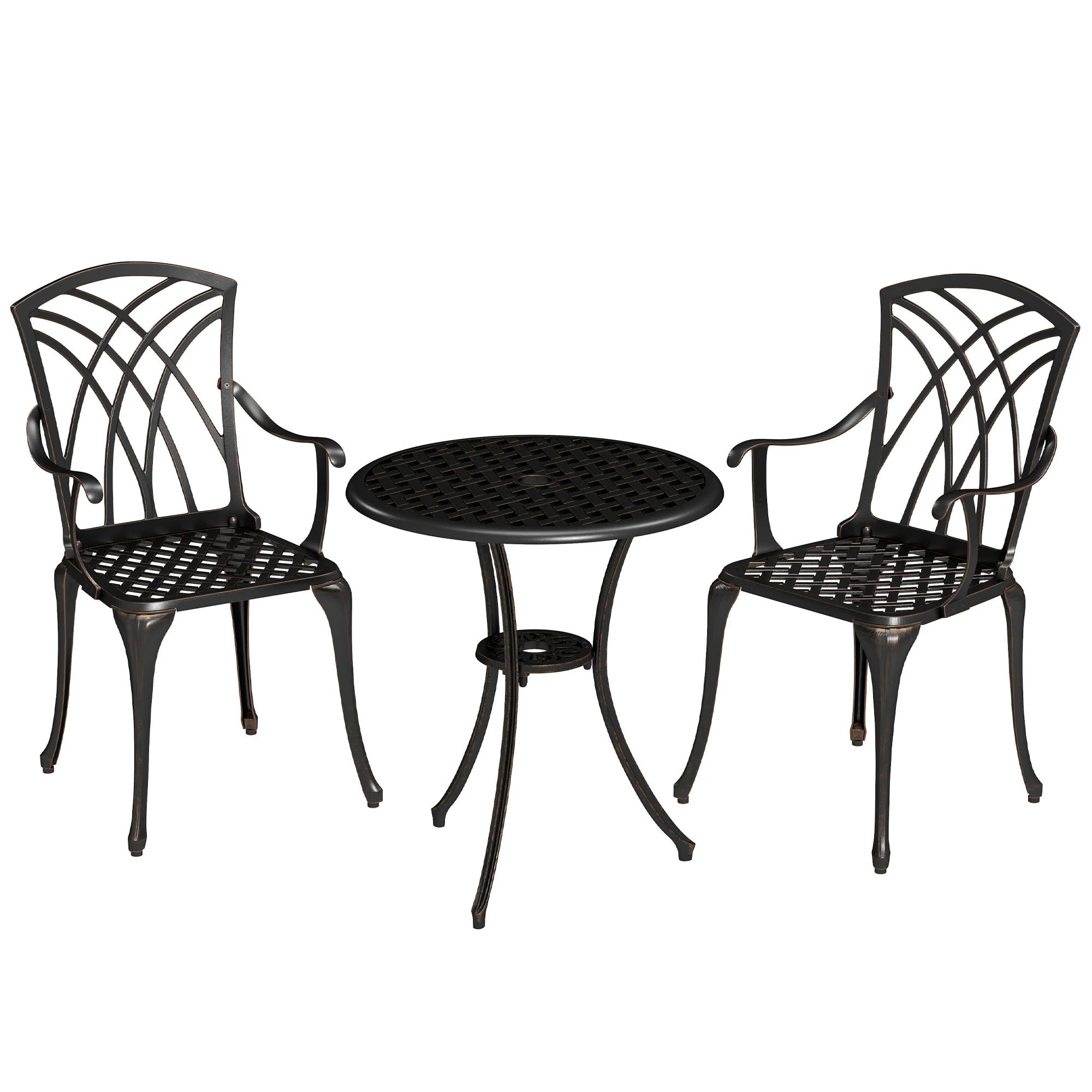 3 Piece Garden Dining Set, Outdoor Aluminium Round Table & Armchairs with Parasol Hole, Bronze Tone - Image 2