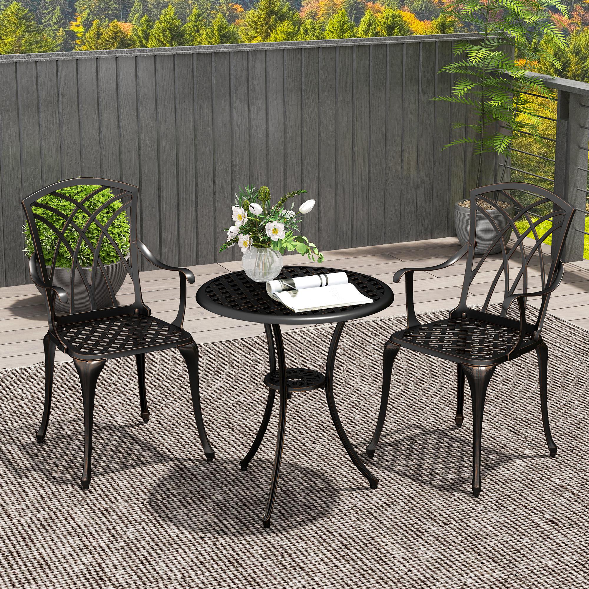 3 Piece Garden Dining Set, Outdoor Aluminium Round Table & Armchairs with Parasol Hole, Bronze Tone - Image 3
