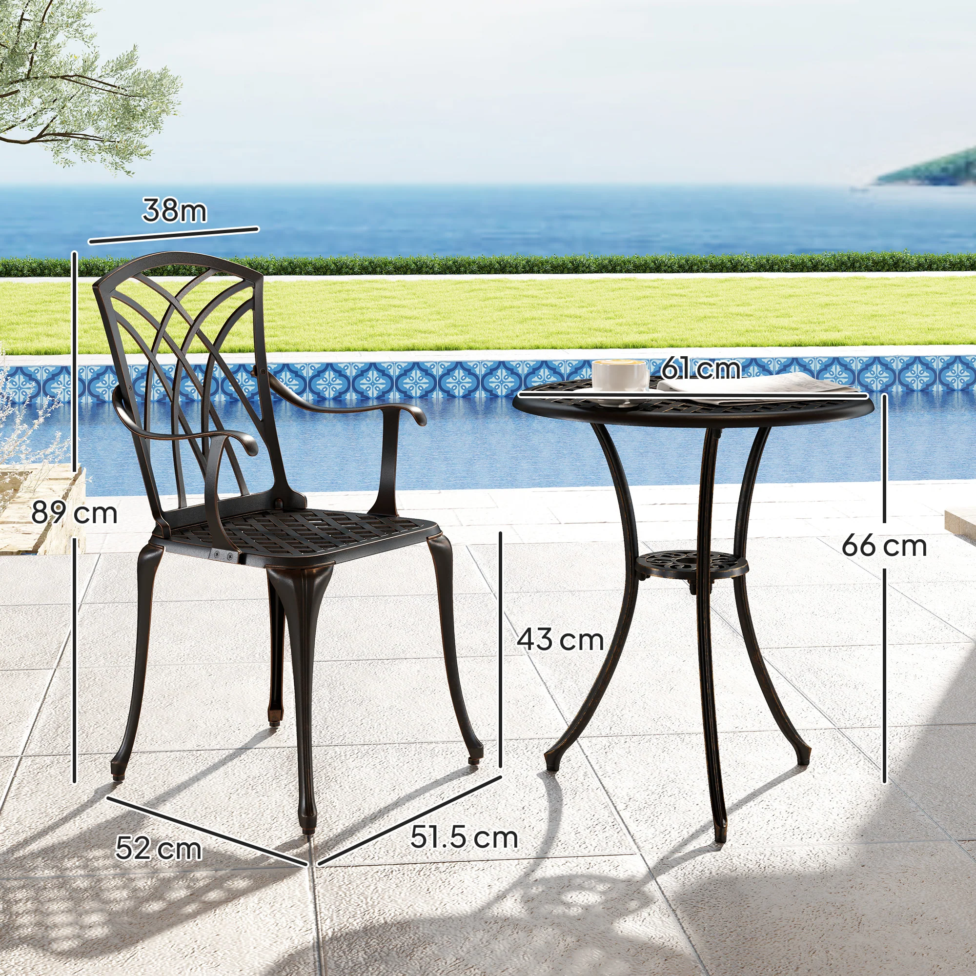 3 Piece Garden Dining Set, Outdoor Aluminium Round Table & Armchairs with Parasol Hole, Bronze Tone - Image 5